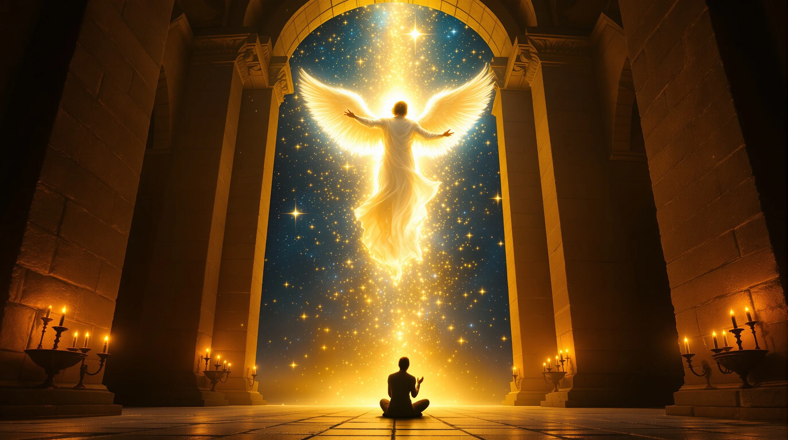 Angel Gabriel descending in golden light toward Daniel kneeling in prayer, illustrating the seventy weeks of Daniel prophecy.