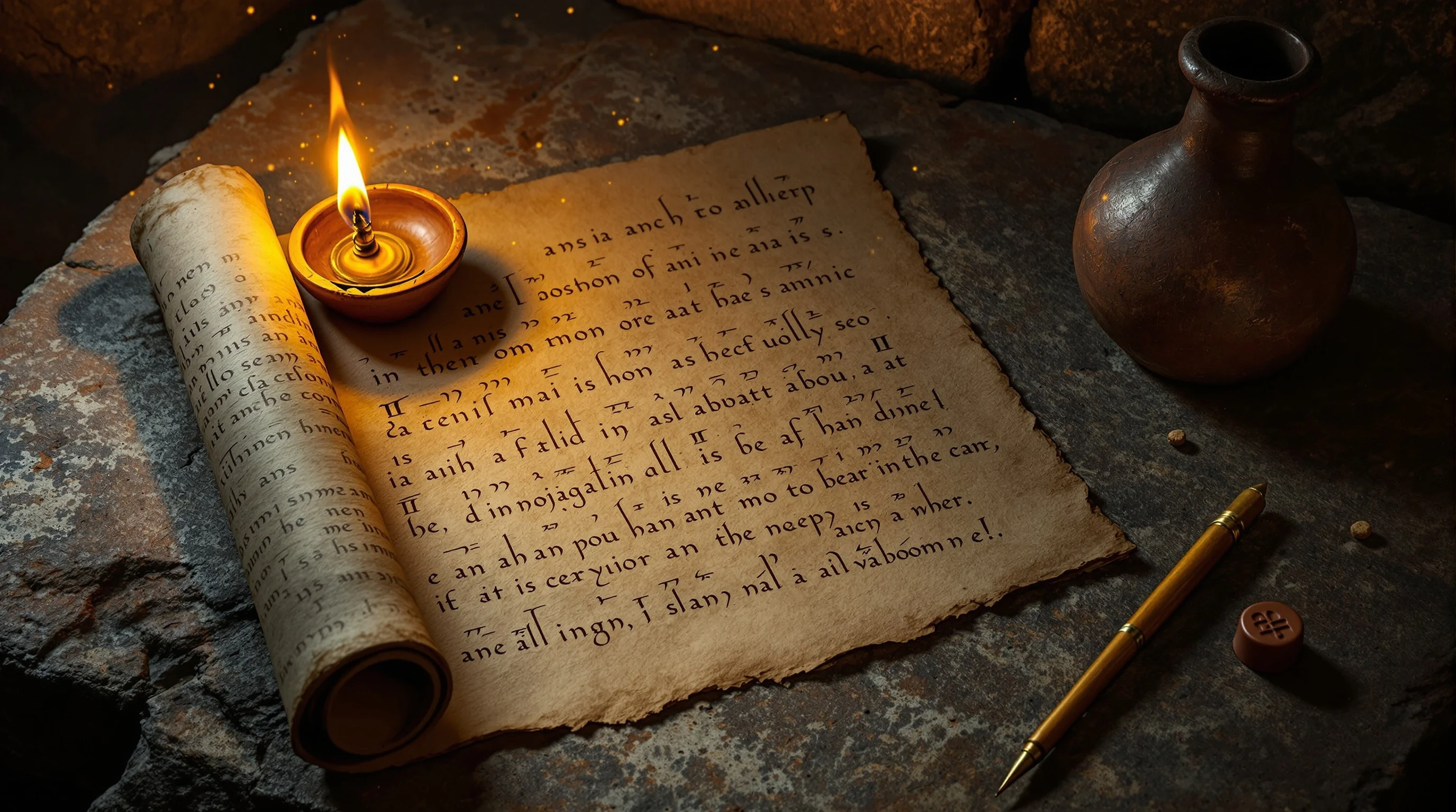 Ancient scroll beside a clay oil lamp on weathered stone, evoking the prophetic study behind the seventy weeks of Daniel.