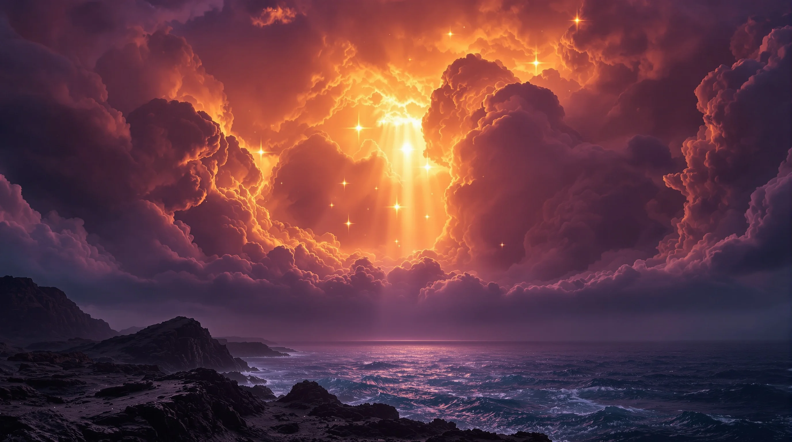 Dramatic twilight sky over ancient Mediterranean cliffs with divine light shafts piercing turbulent clouds above a dark sea.