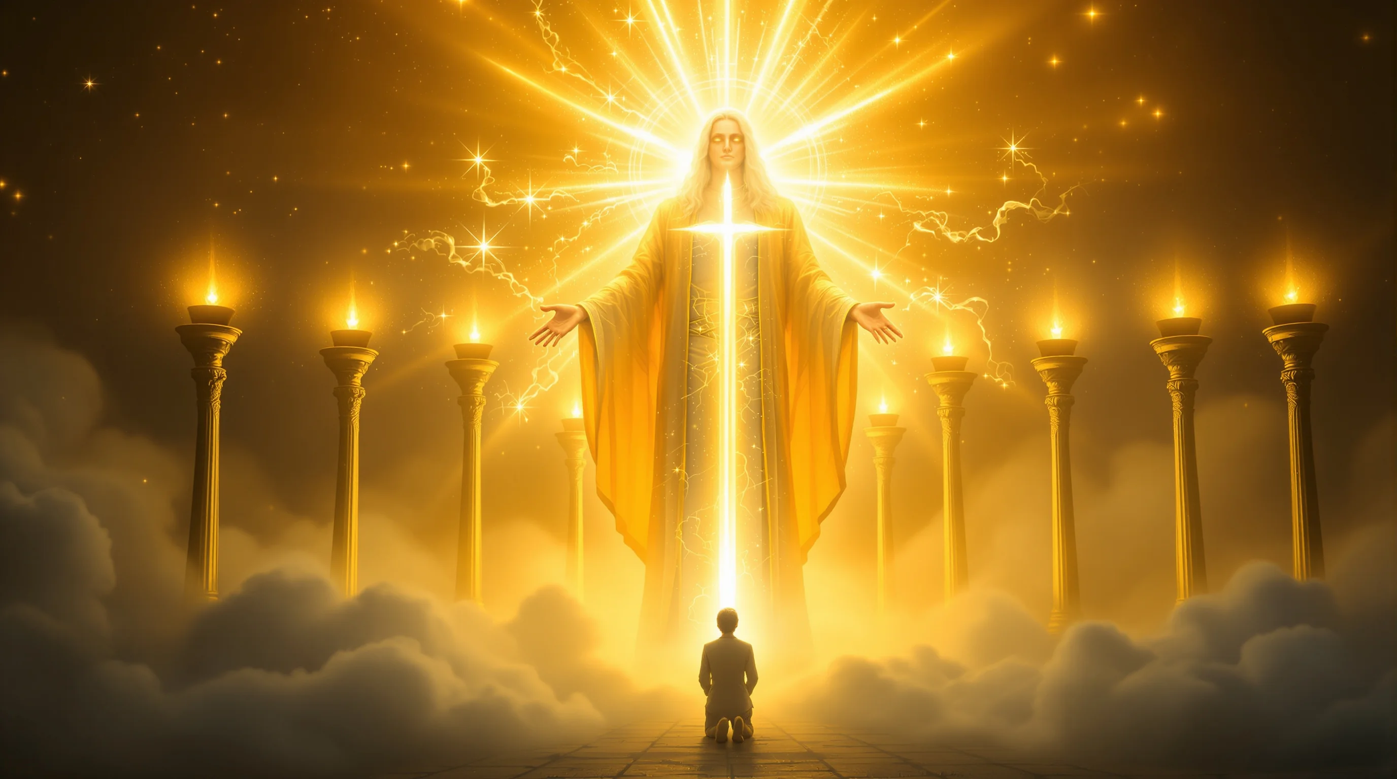 Radiant Son of Man vision among seven golden lampstands, Revelation 1 depiction with kneeling figure in awe