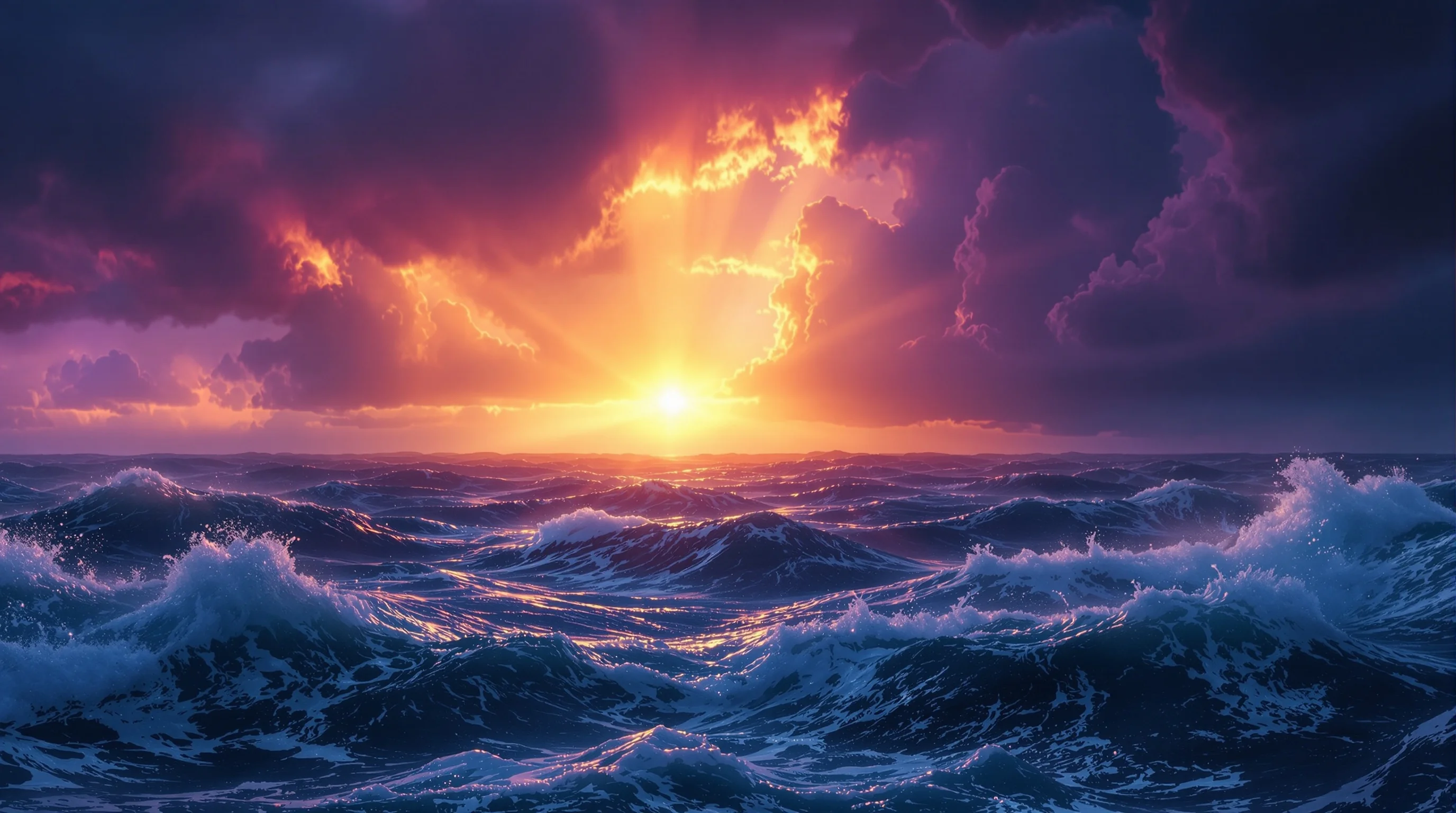 Turbulent twilight ocean with divine light piercing storm clouds, evoking the symbolism of the sea in Revelation