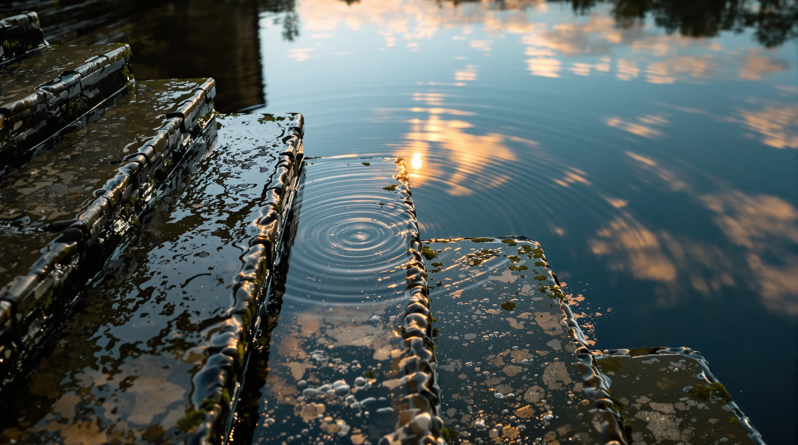 Ancient stone steps descending into still, mirror-like water at dawn, reflecting a rose-gold sky — evoking sacred liminality.