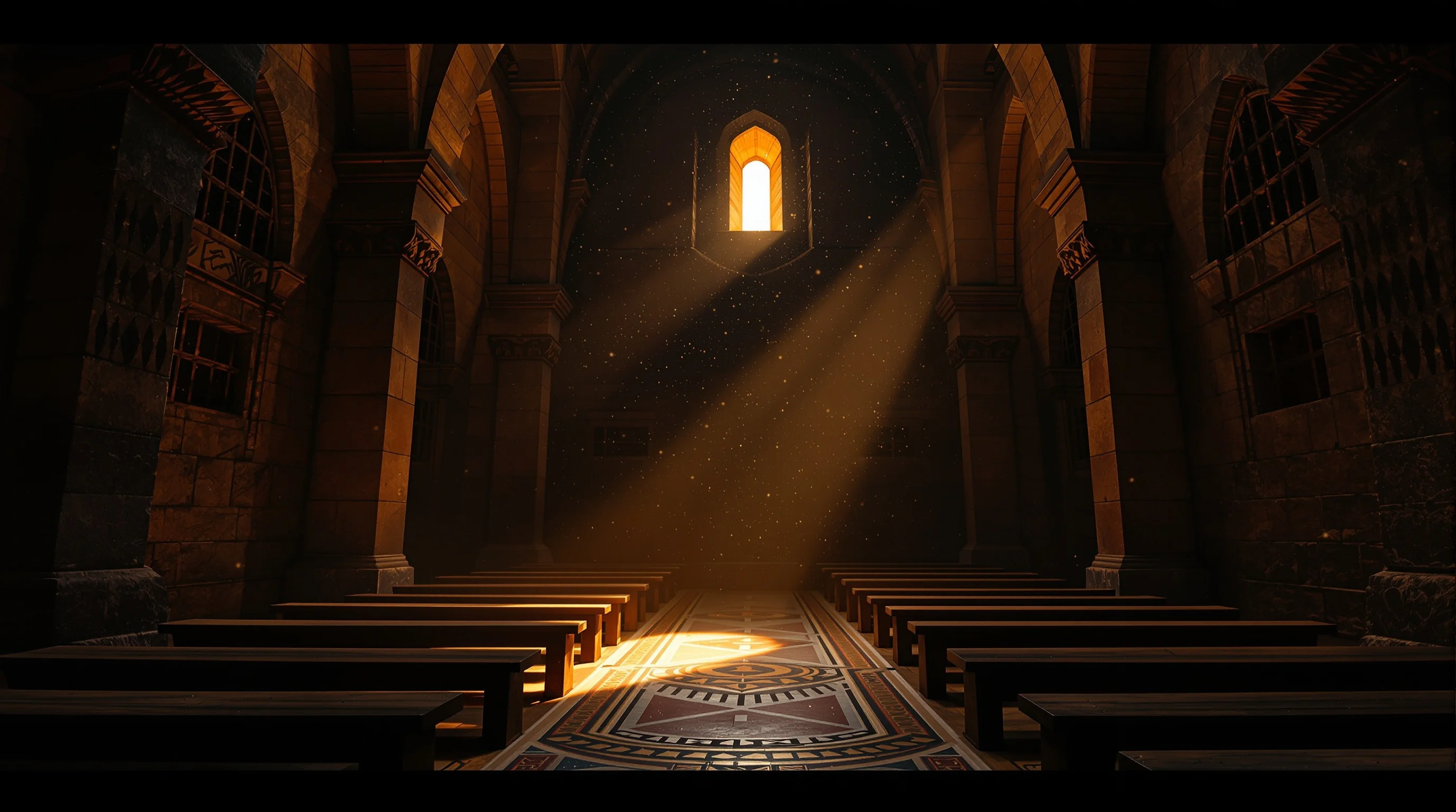 Ancient stone synagogue interior with dramatic amber light and deep shadows, evoking spiritual conflict between light and darkness.