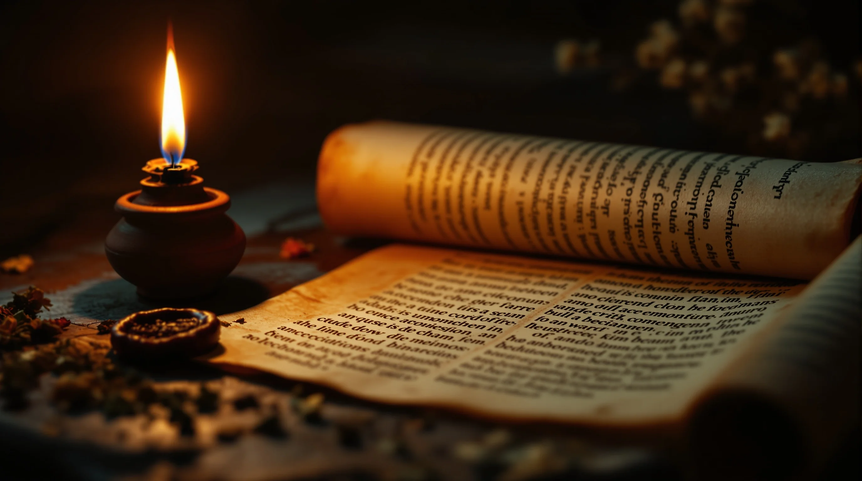 Ancient scroll partially unfurled beside a glowing clay oil lamp, evoking first-century letters and the synagogue of Satan in Revelation.