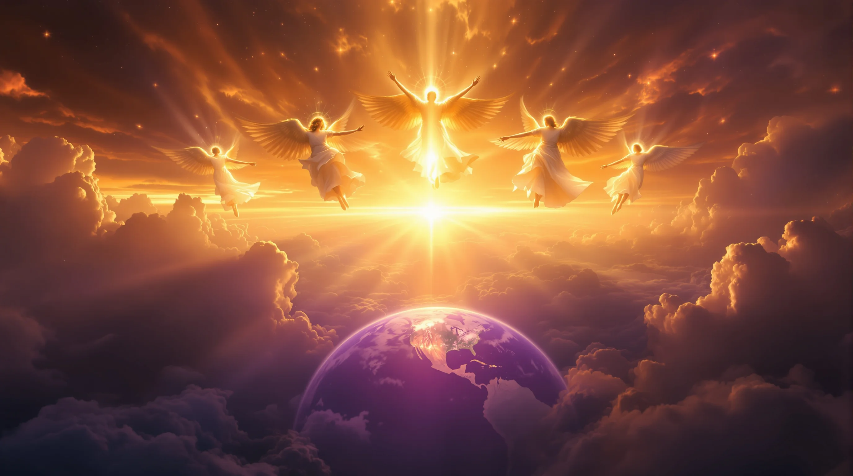 Three radiant angels soaring through a stormy sky above Earth, proclaiming the Three Angels' Messages of Revelation 14.