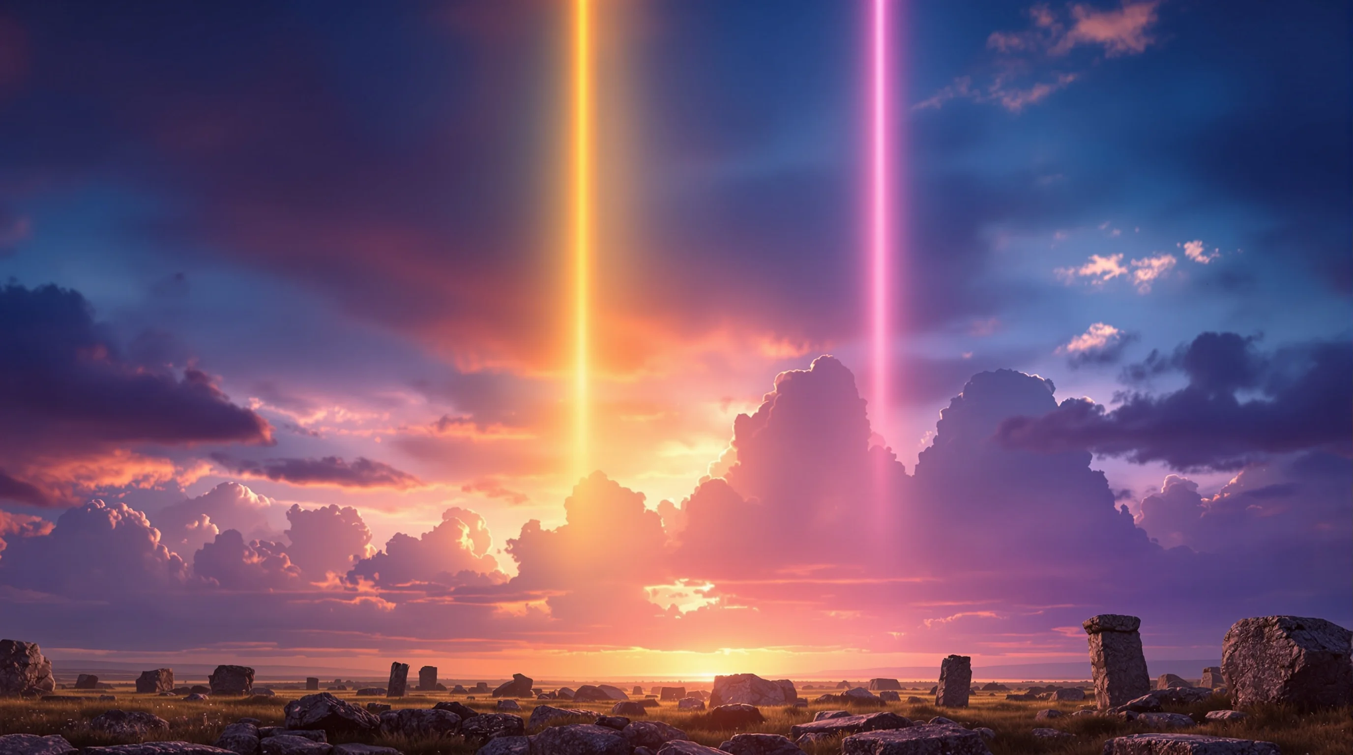 Three divine light beams converge over ancient stone ruins at twilight, symbolizing three theological views of the millennium.