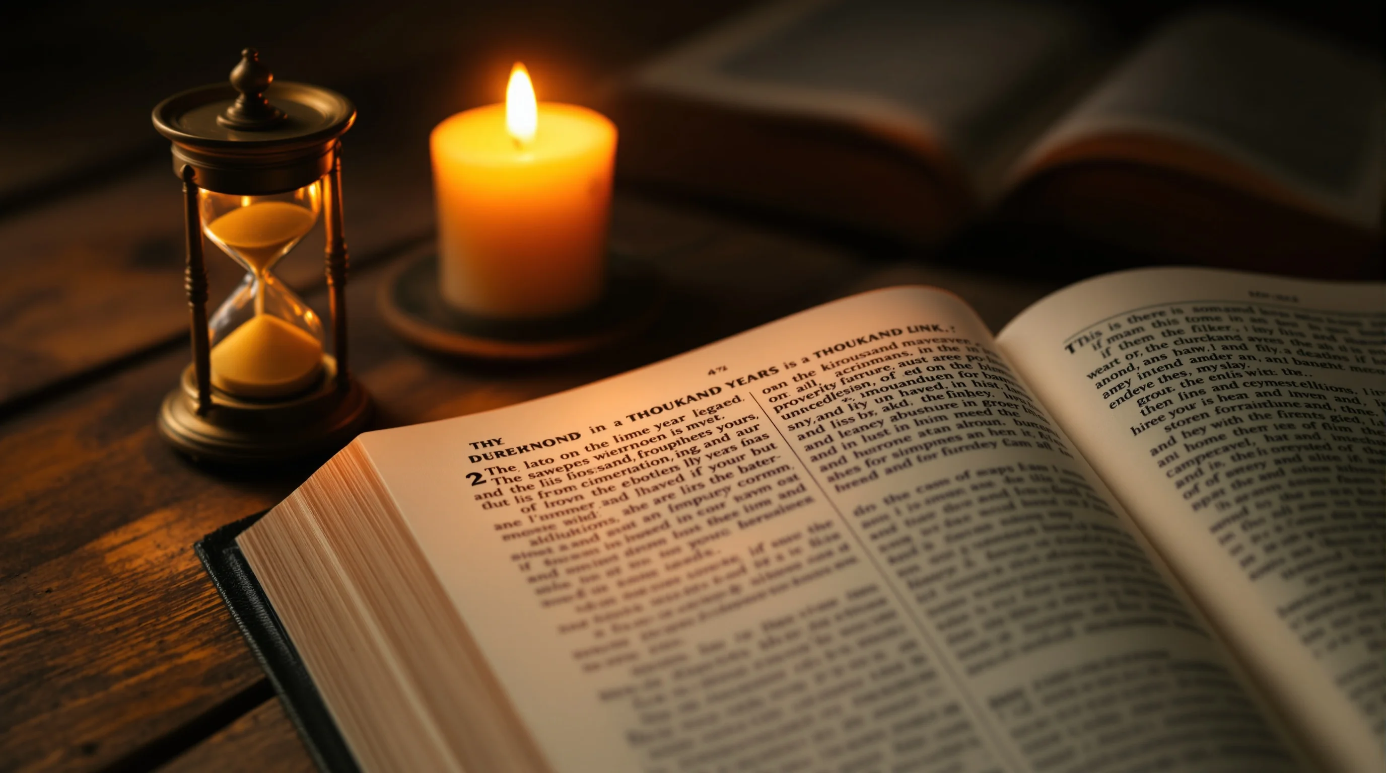 Open Bible beside a lit candle and antique hourglass on worn wood, symbolizing prophetic time and the millennium.