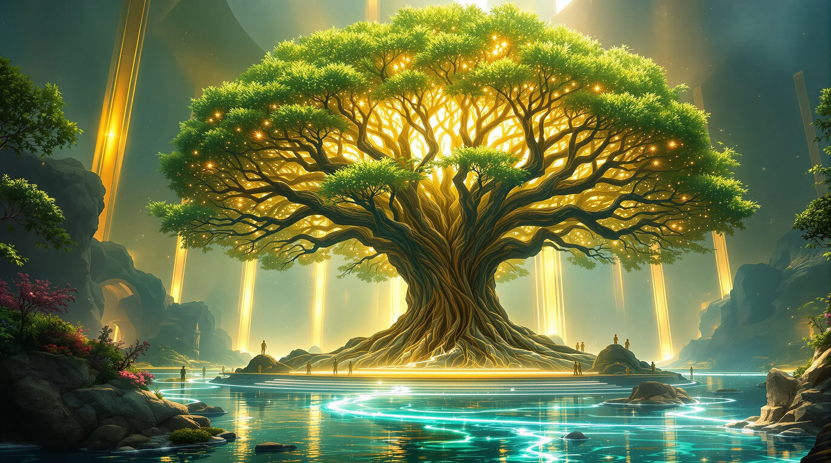 Radiant Tree of Life in Revelation's New Jerusalem, with golden light and crystal rivers flowing through a heavenly paradise garden.