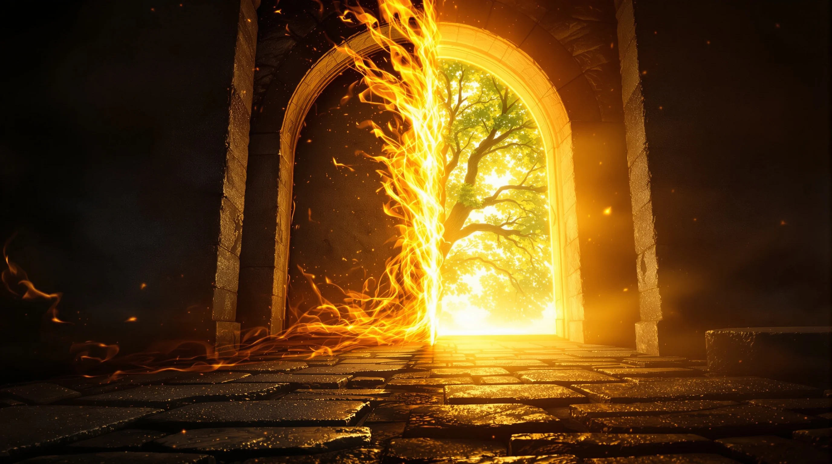 Symbolic contrast of Eden's fiery locked gate and a radiant open gate with lush leaves, representing the Tree of Life in Revelation.