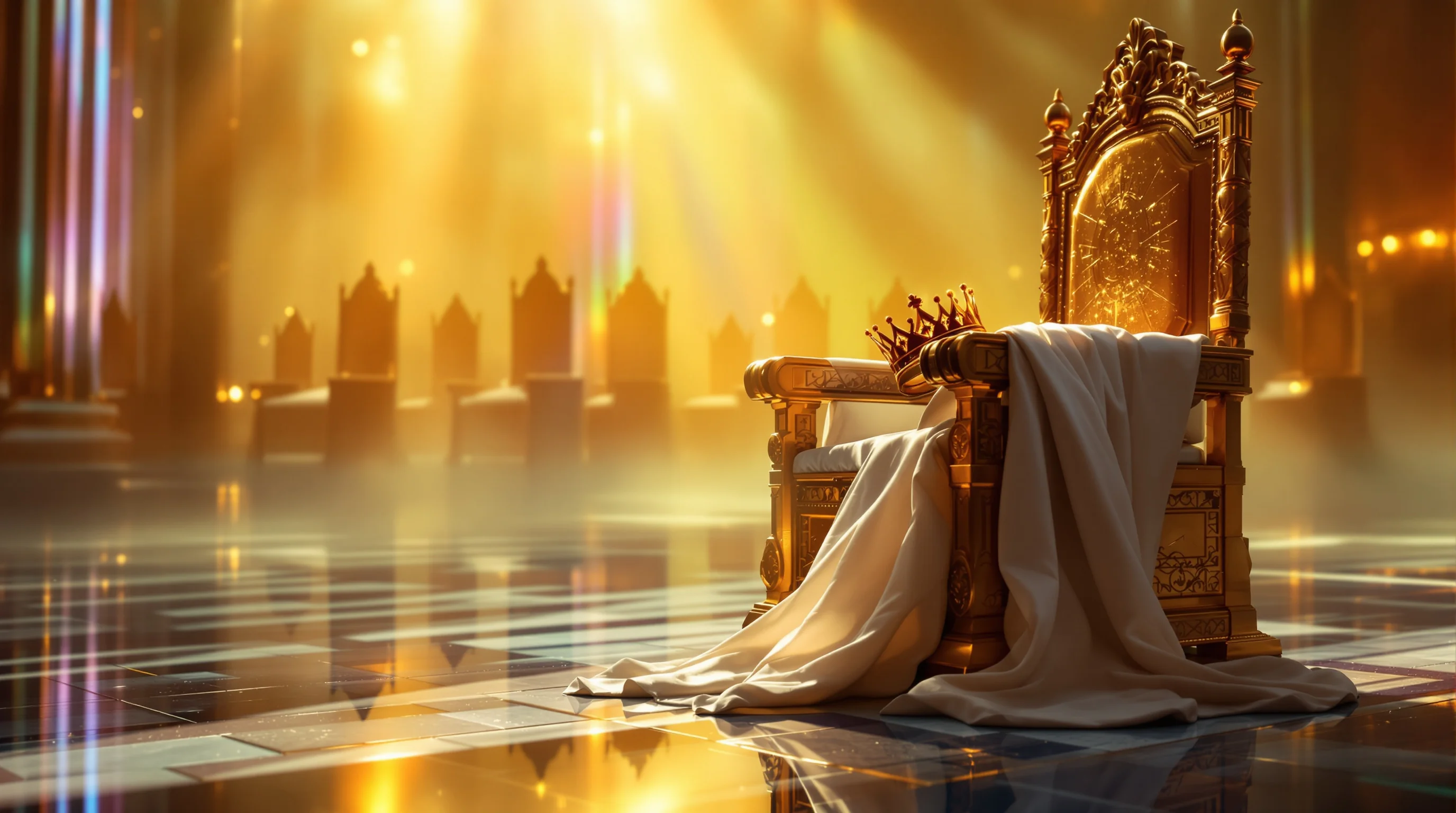 Empty golden throne with white robe and crown, symbolizing the twenty-four elders in Revelation