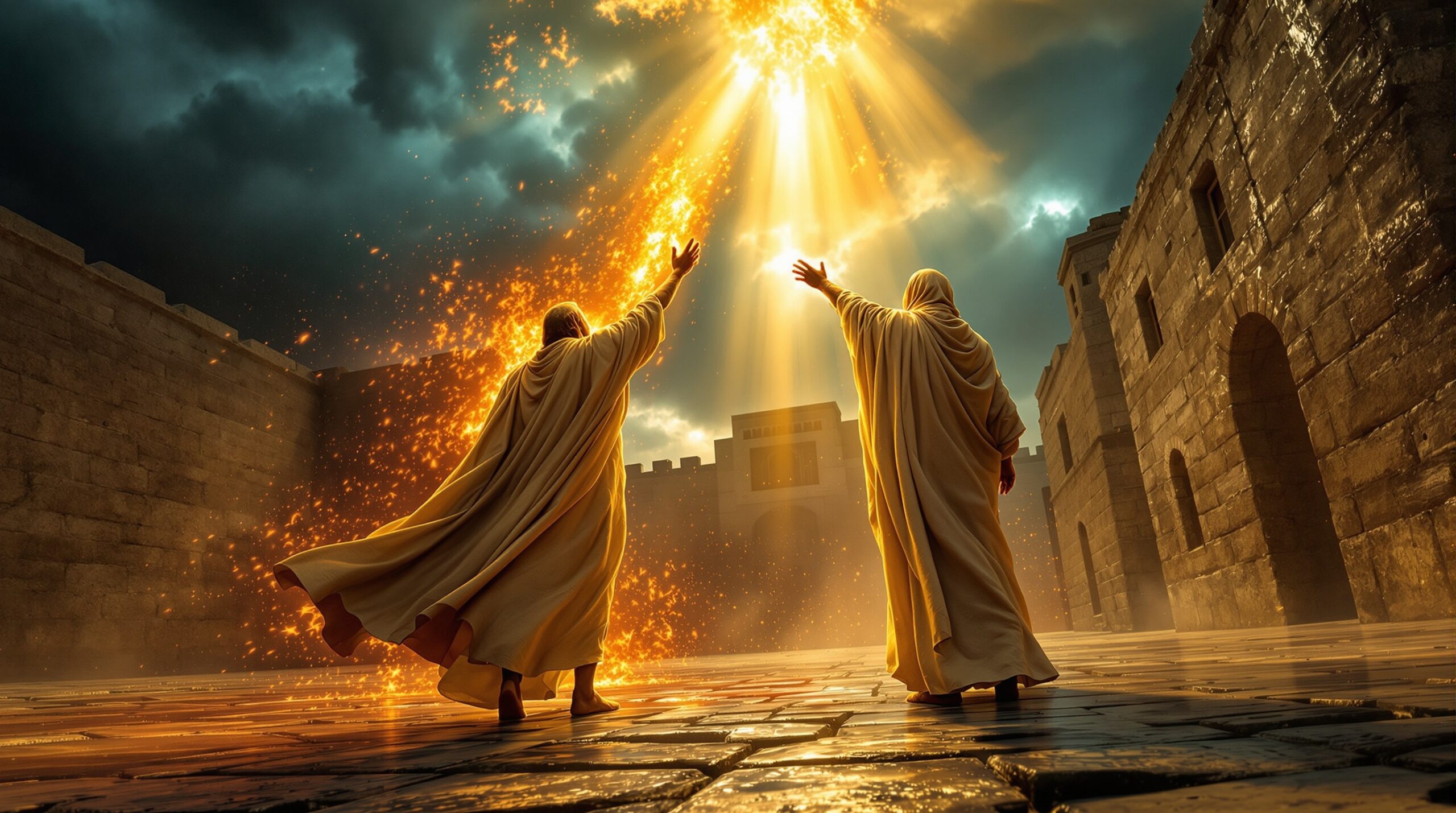 Two witnesses revelation prophets in flowing robes standing on ancient Jerusalem streets with divine fire, staff raised toward darkened sky, hand extended over crimson water, supernatural golden light illuminating their sackcloth garments amid ominous storm clouds and temple architecture in biblical apocalyptic scene.