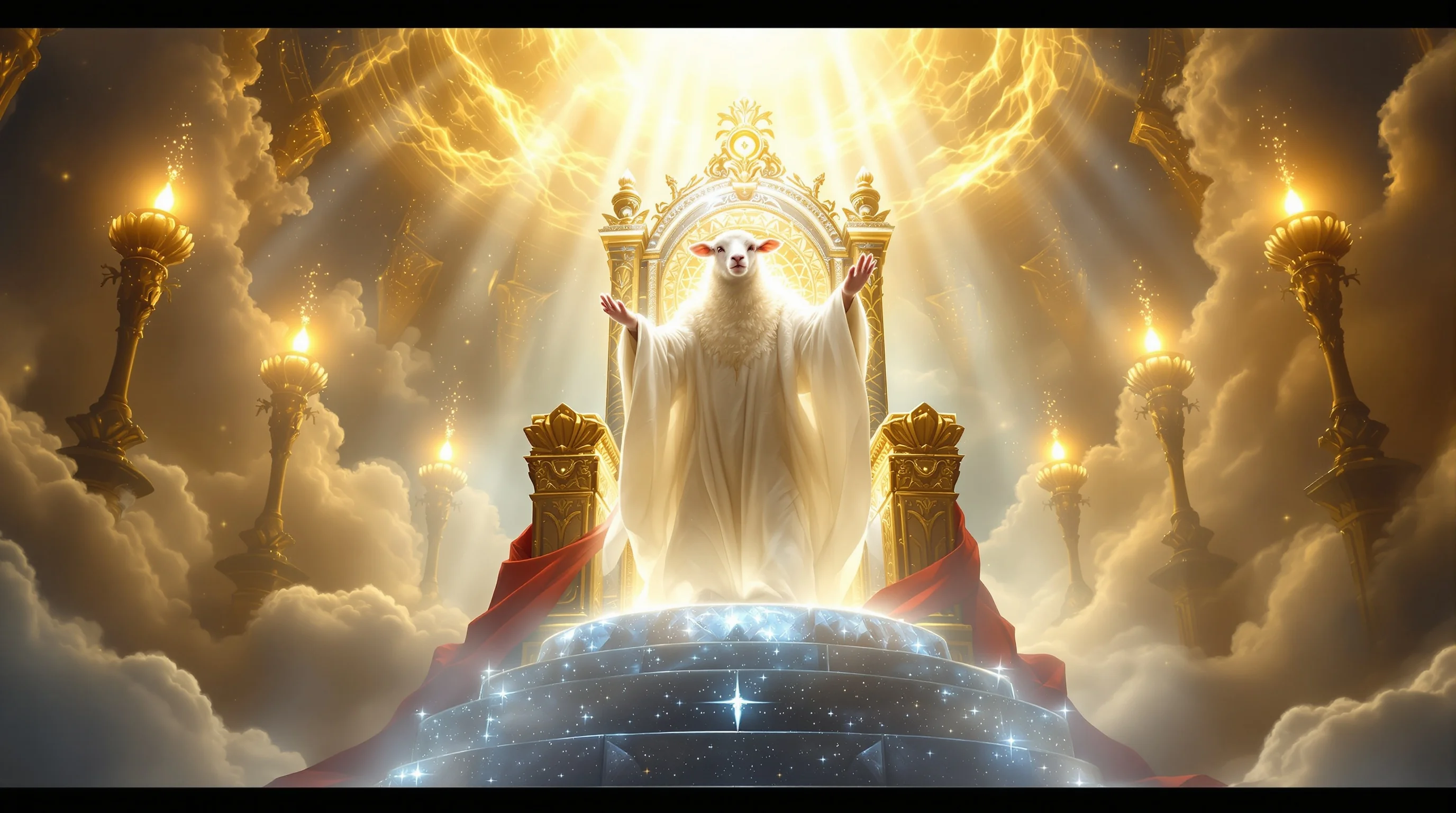 Divine lamb on crystal throne surrounded by golden light and seven lampstands in heavenly realm from Revelation