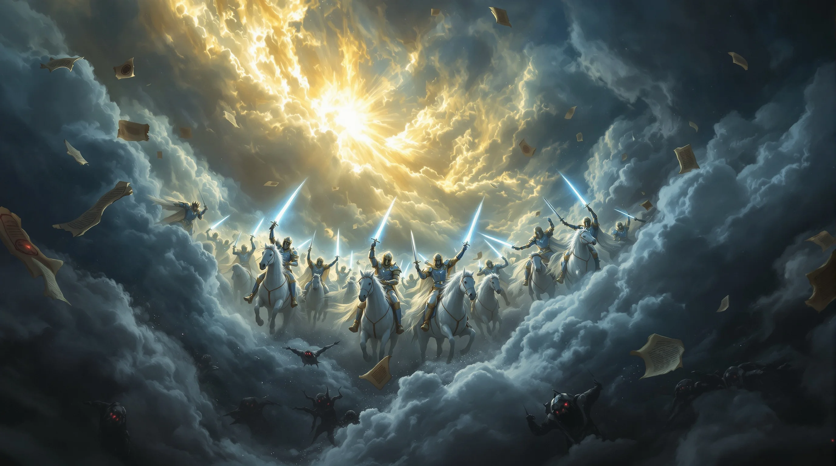 Heavenly warriors on white horses battle demonic forces amid storm clouds, depicting spiritual warfare from Revelation