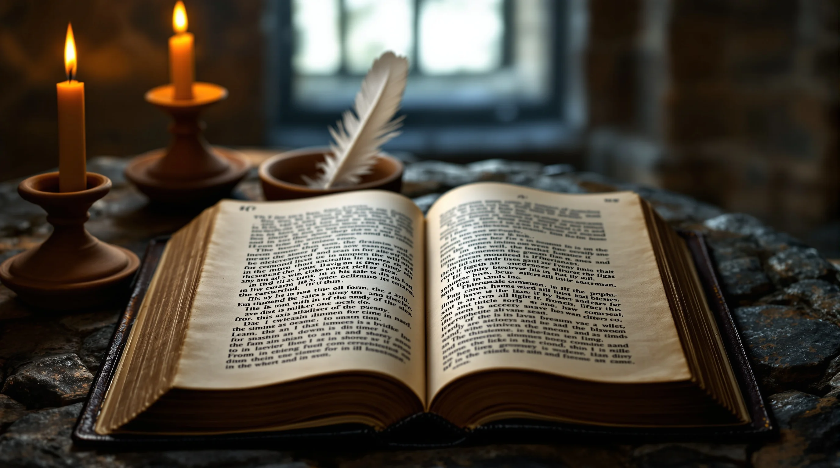 Ancient open Bible on stone surface lit by candlelight and moonlight, with quill and oil lamp, evoking prophetic scripture study.