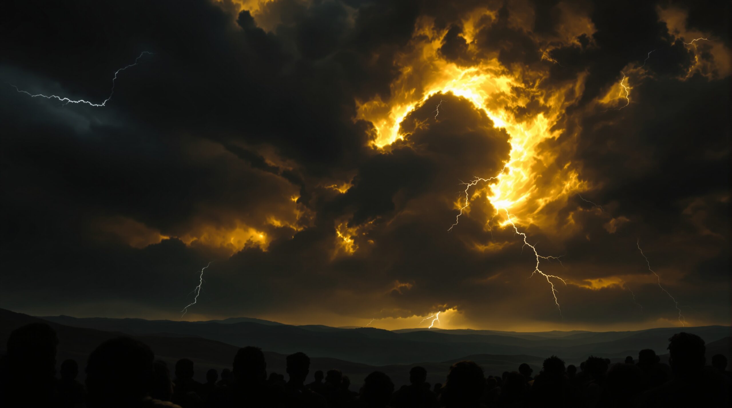 Dramatic apocalyptic sky with dark storm clouds, golden light breaking through, and silhouettes of people looking upward