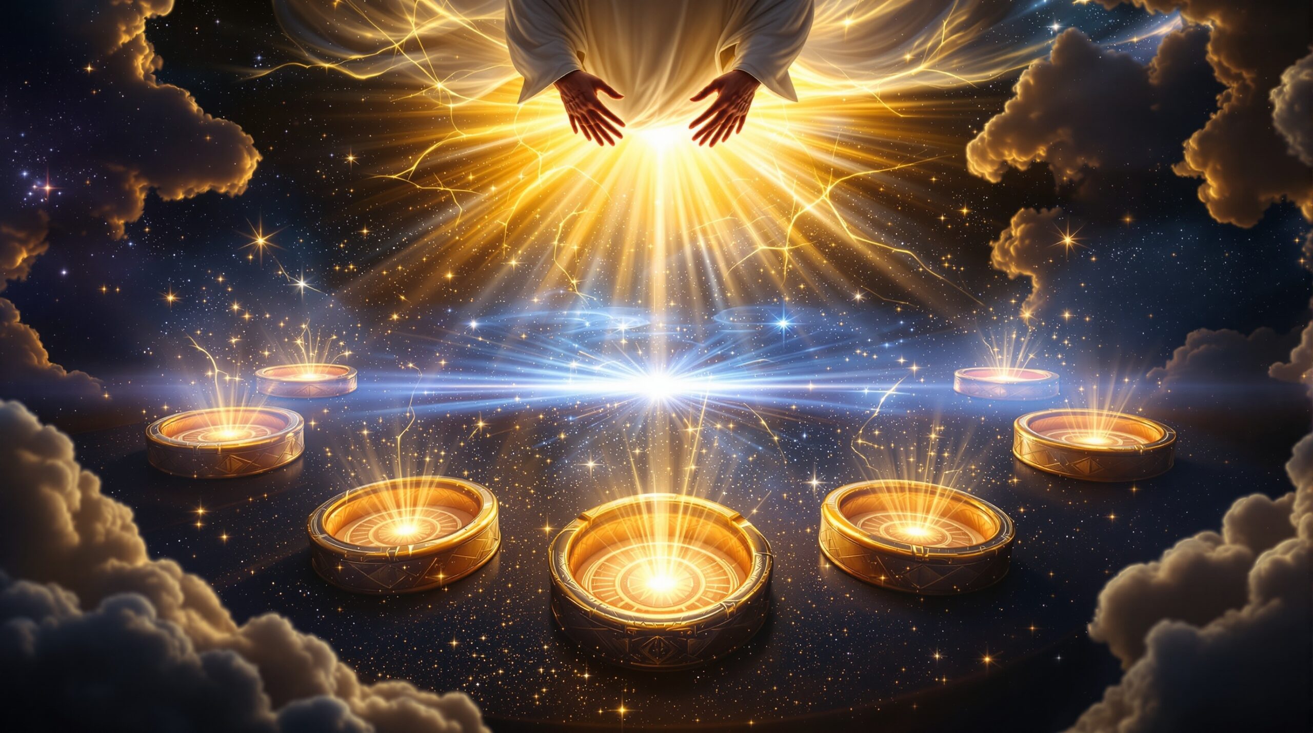 Christ opening the seven seals of Revelation with divine light radiating from each ancient seal against a cosmic backdrop