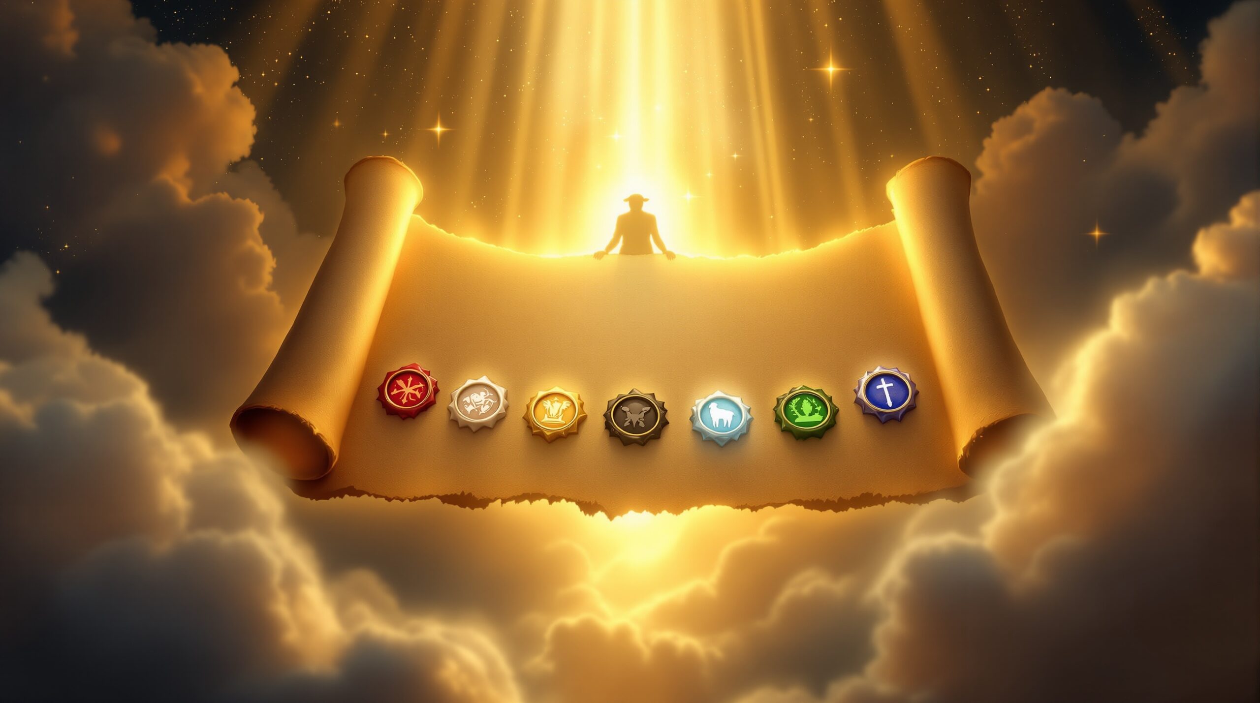 Ancient scroll with seven glowing wax seals being opened by divine light, with lamb silhouette in heavenly radiance