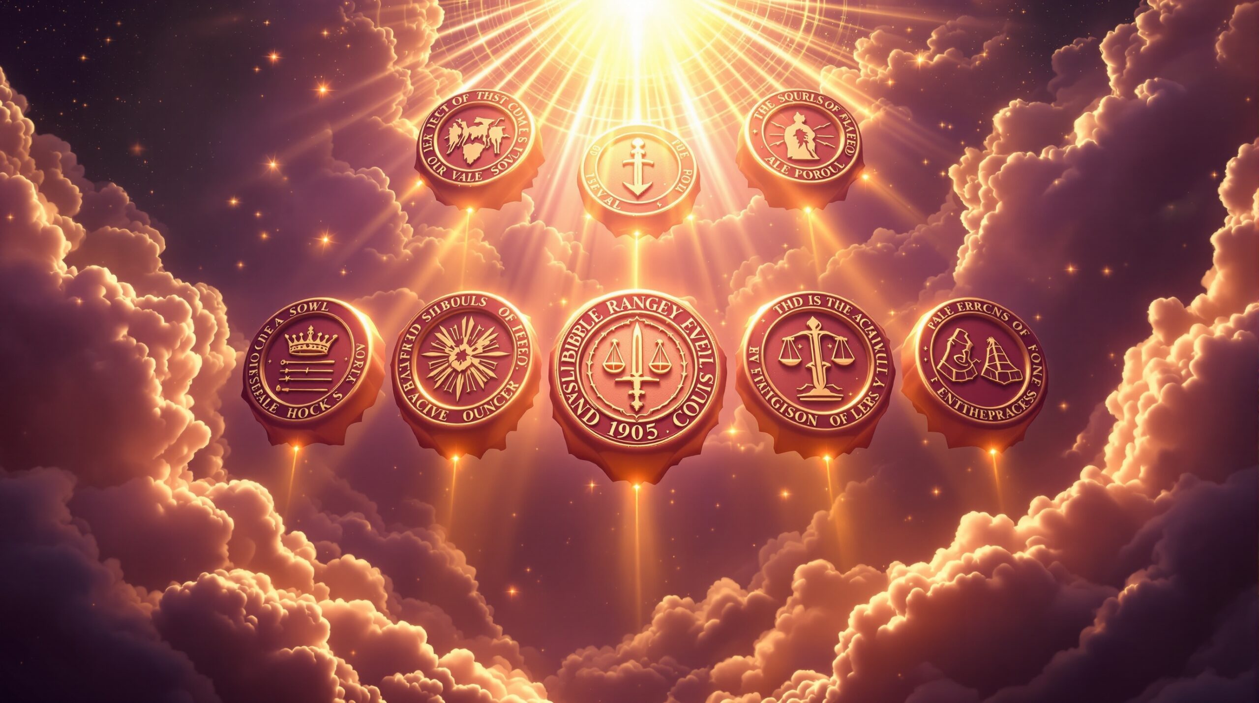 Seven glowing ancient seals with divine symbols arranged in celestial clouds, representing biblical judgment and prophecy