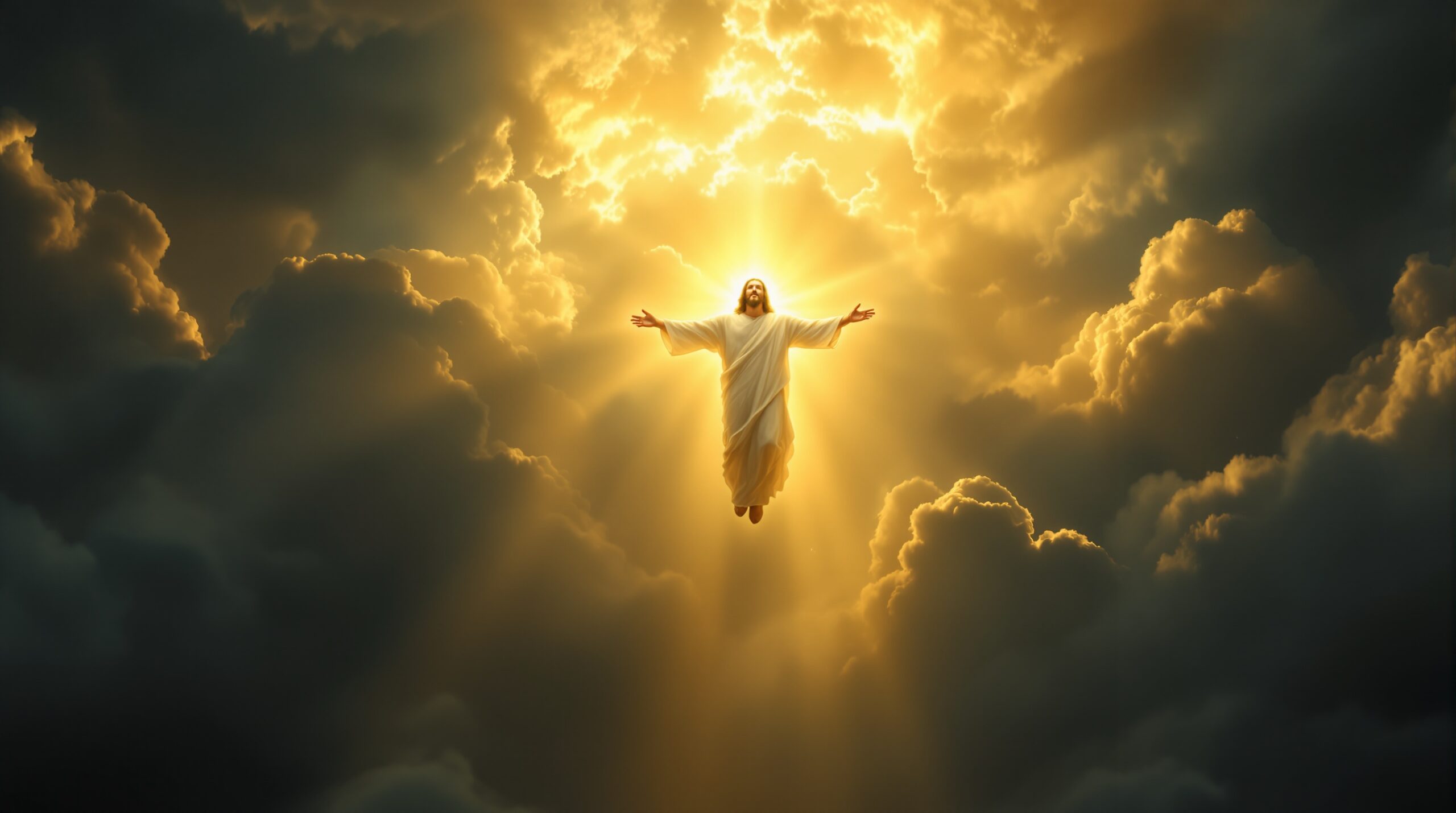 Jesus Christ descending through golden light and storm clouds with outstretched arms in flowing white robes