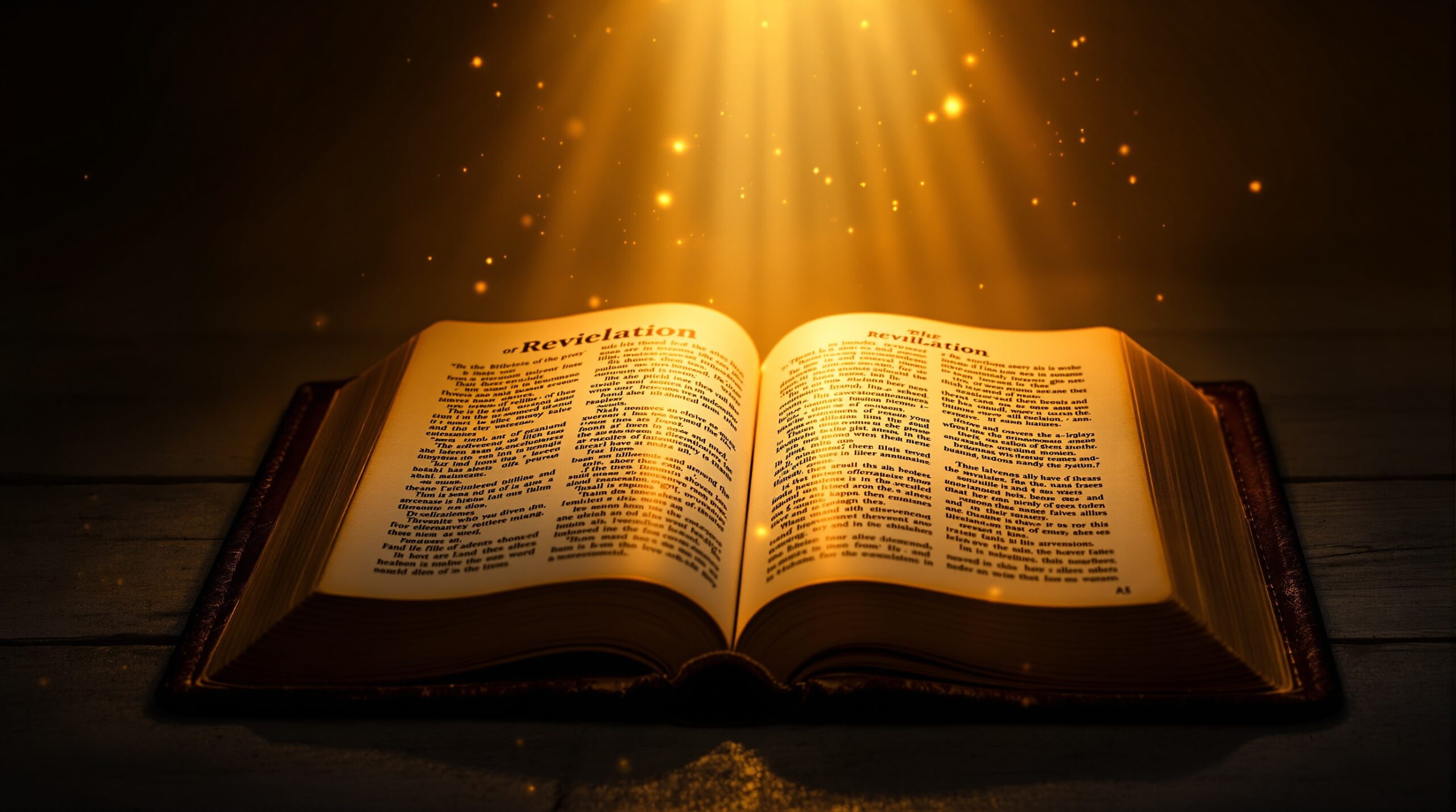 Open Bible displaying the book of Revelation with divine golden light radiating from pages on weathered wooden table, illustrating what does Revelation teach about hope and divine truth