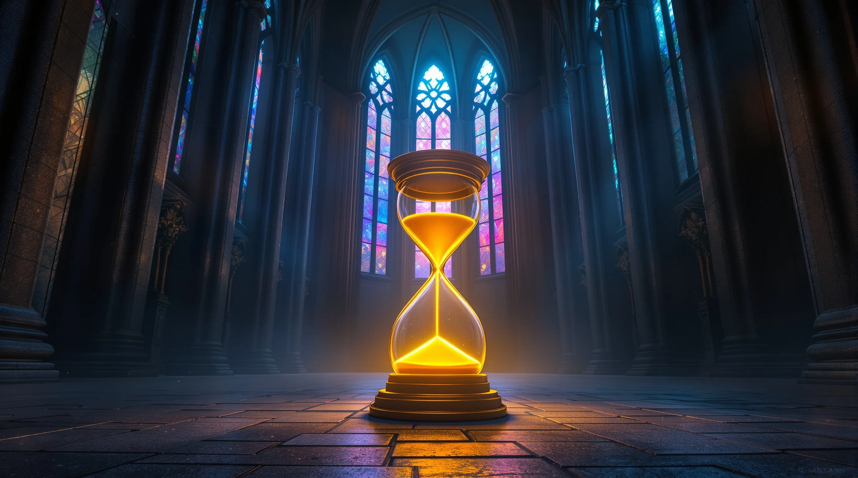 Golden hourglass with suspended sand glowing in a vast stone cathedral, bathed in colored light from stained-glass windows.