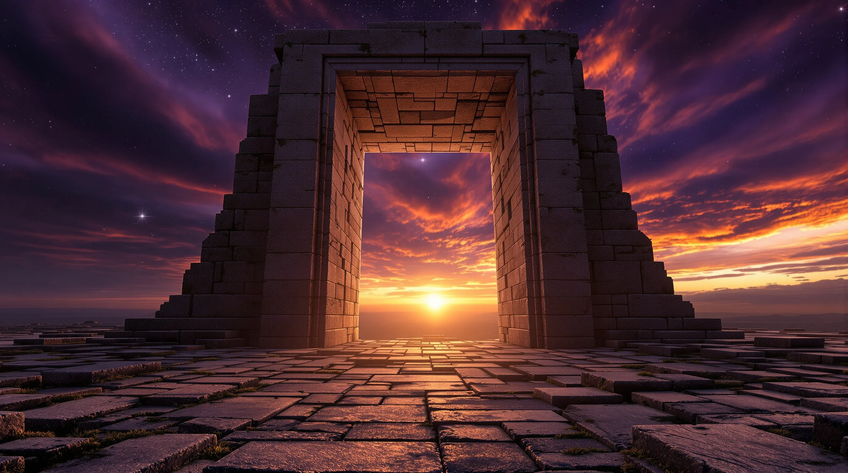 Ancient stone archway opening to a twilight horizon with violet and gold sky, symbolizing the threshold between ages in eschatology.