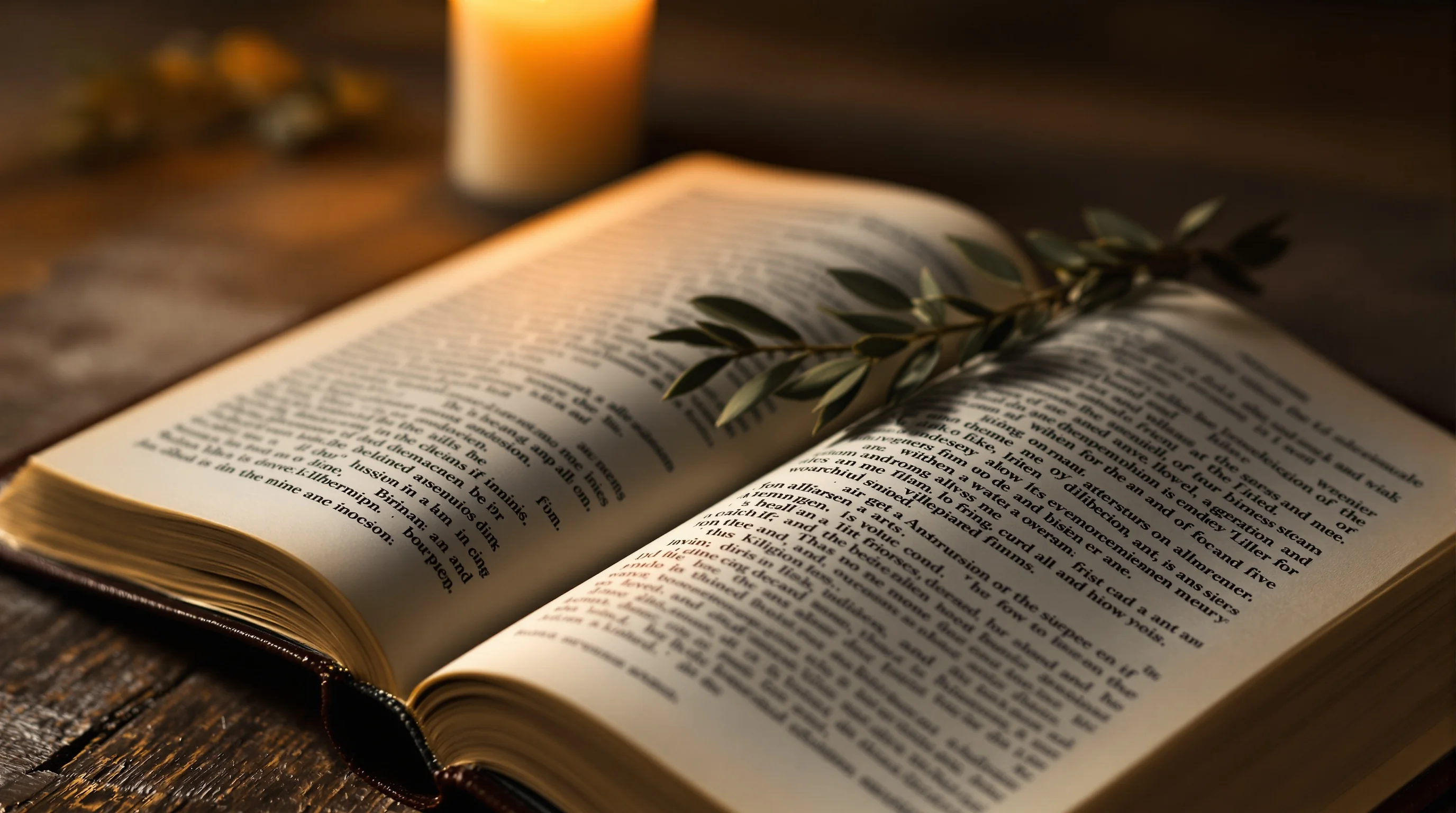 Open Bible on weathered wood illuminated by candlelight with a dried olive branch resting across its pages