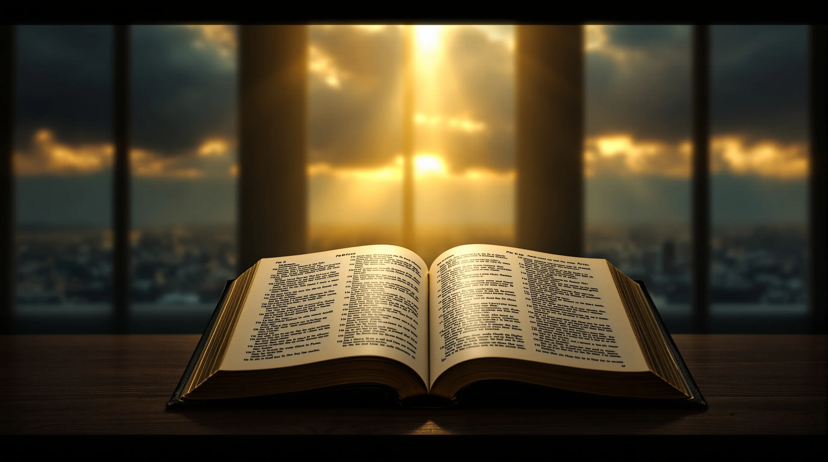Open Bible on pulpit with golden light, symbolizing futurism revelation and biblical prophecy