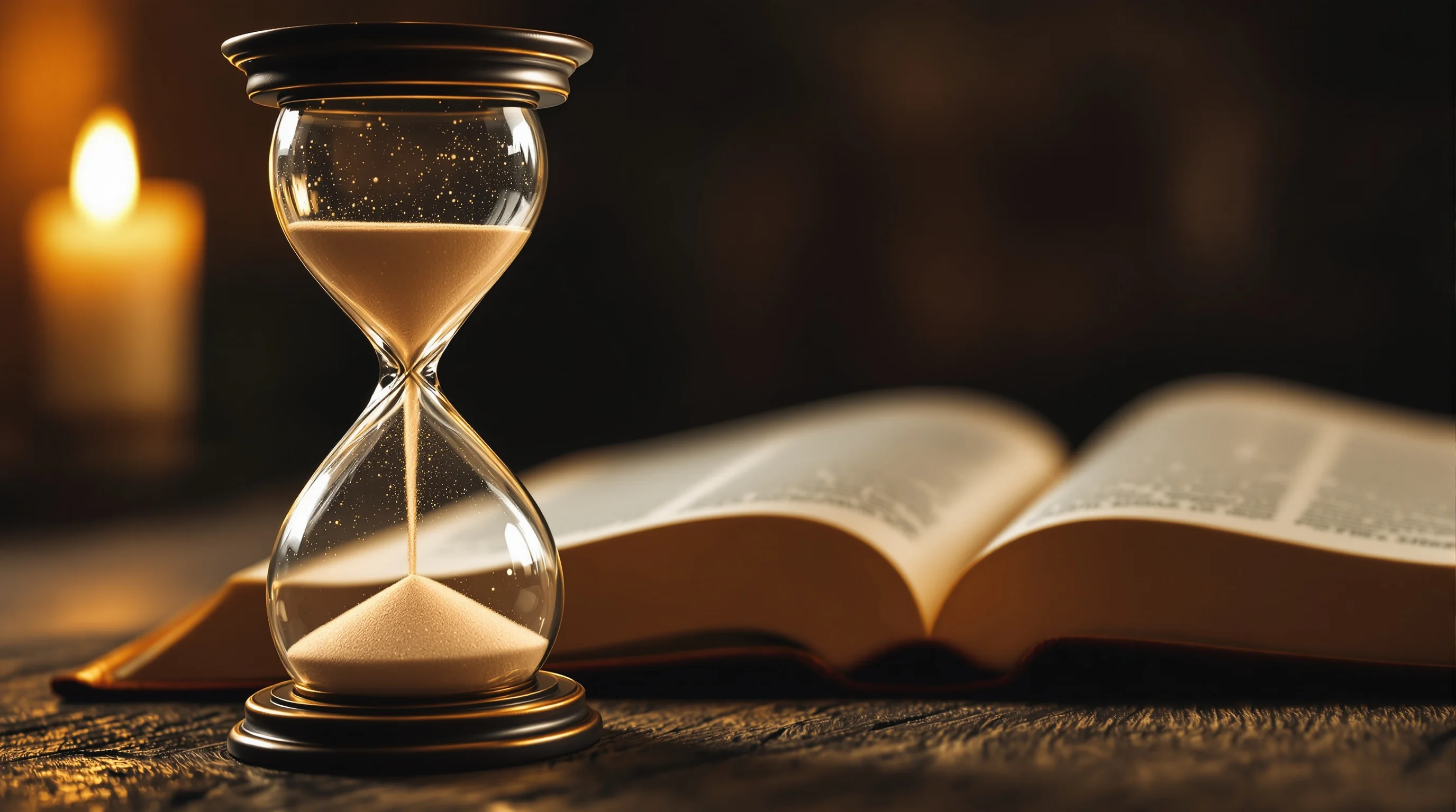 Antique hourglass beside open book symbolizing futurism revelation and prophecy fulfillment in Scripture