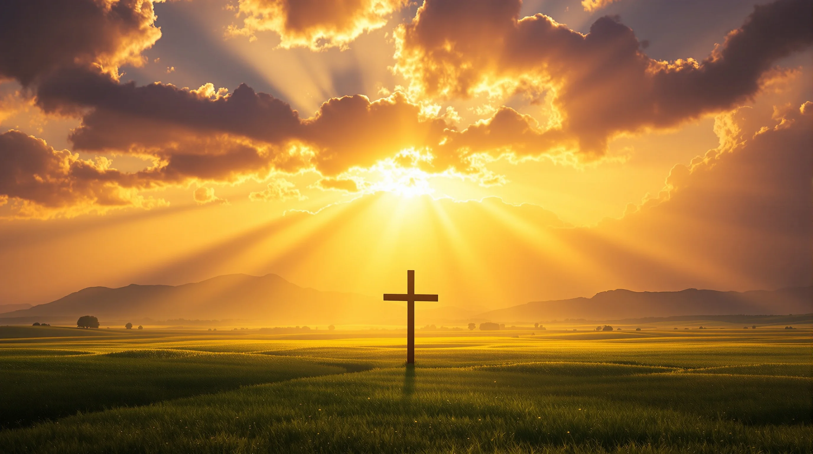 A wooden cross silhouetted against golden sunrise light over lush green fields and mountains, symbolizing hope and renewal.