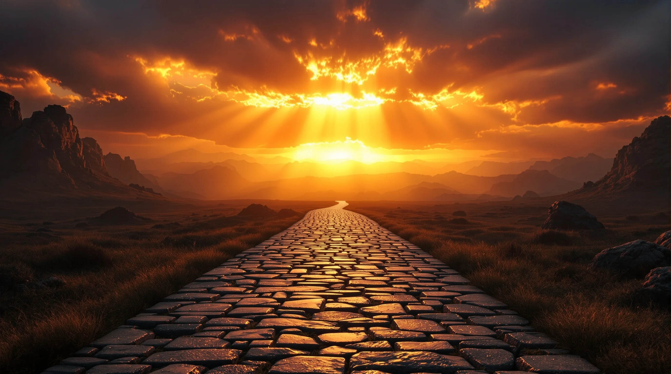 Ancient stone path leading toward a radiant golden horizon at dawn, evoking biblical prophecy and the anticipation of Christ's kingdom.