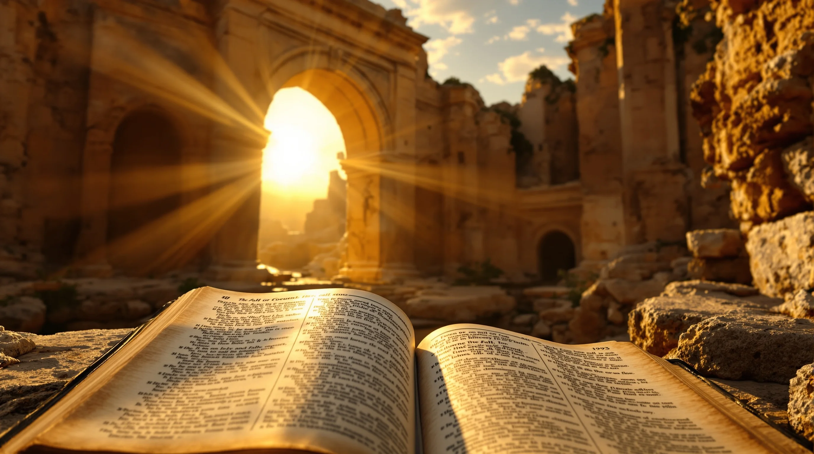 Ancient Roman ruins bathed in golden light with an open Bible resting on weathered stone, evoking the fall of Jerusalem.