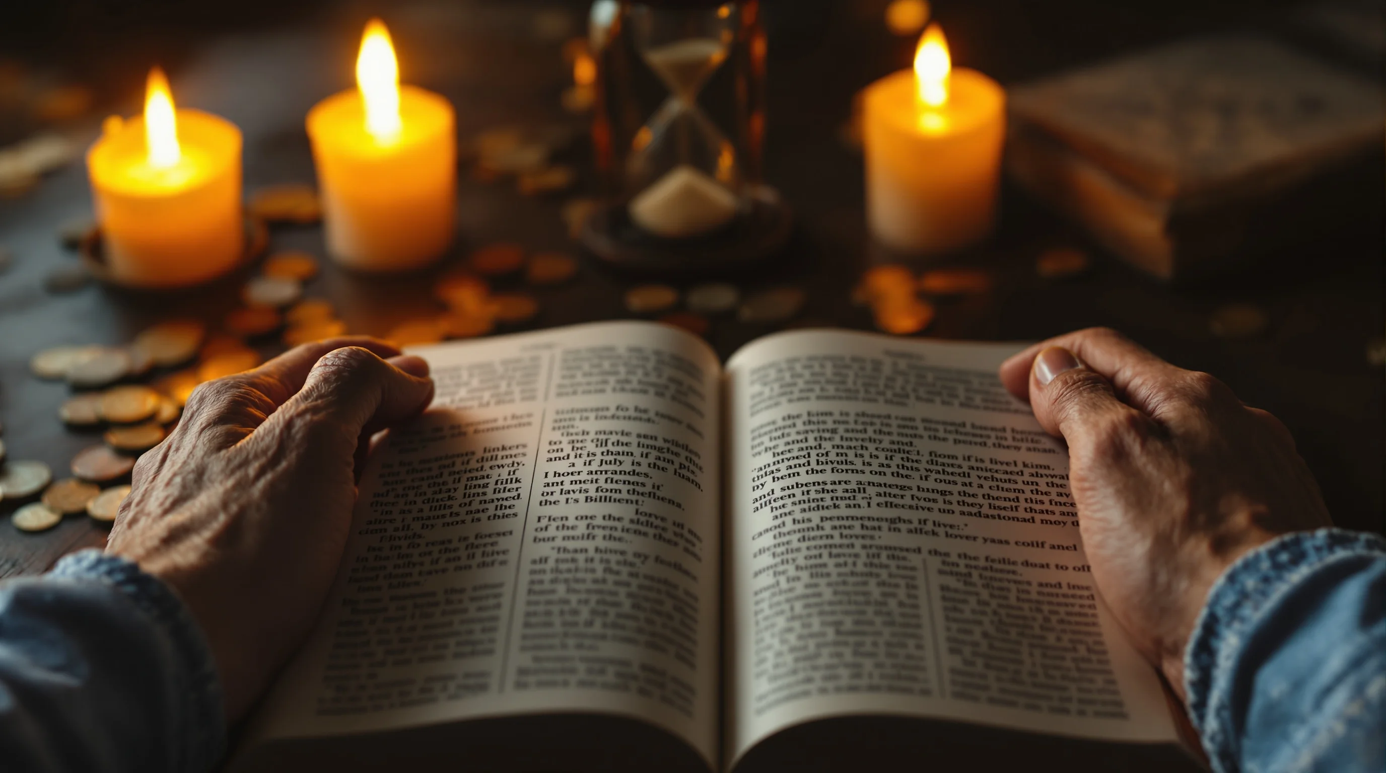 Aged hands holding an open Bible by candlelight, with ancient coins and an hourglass suggesting historical biblical interpretation.