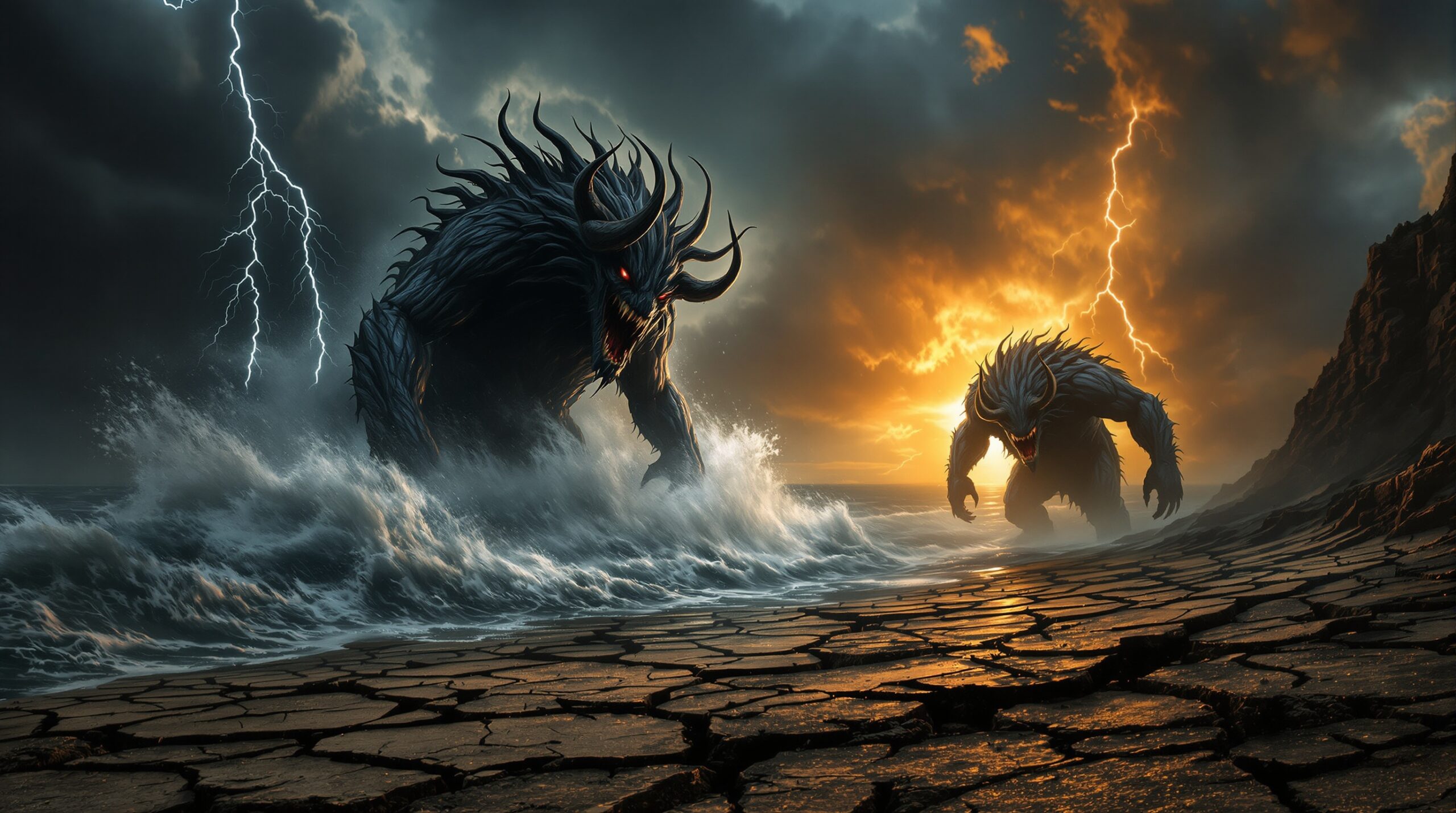 Two apocalyptic beasts emerging from stormy sea and cracked earth under dramatic lightning and sunset sky