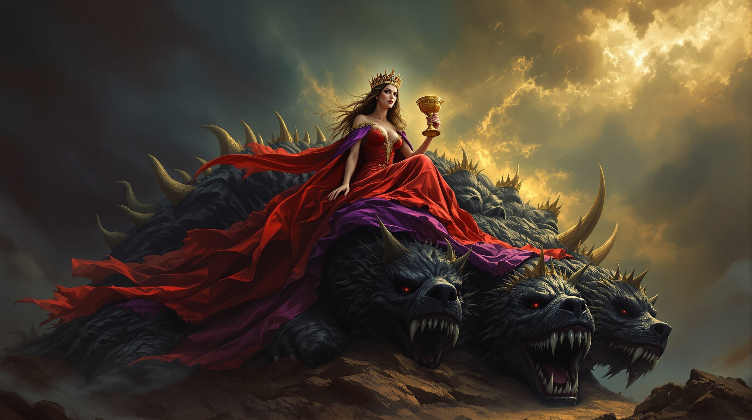 Woman in scarlet robes holding golden cup sits on seven-headed beast in apocalyptic scene from Revelation 17