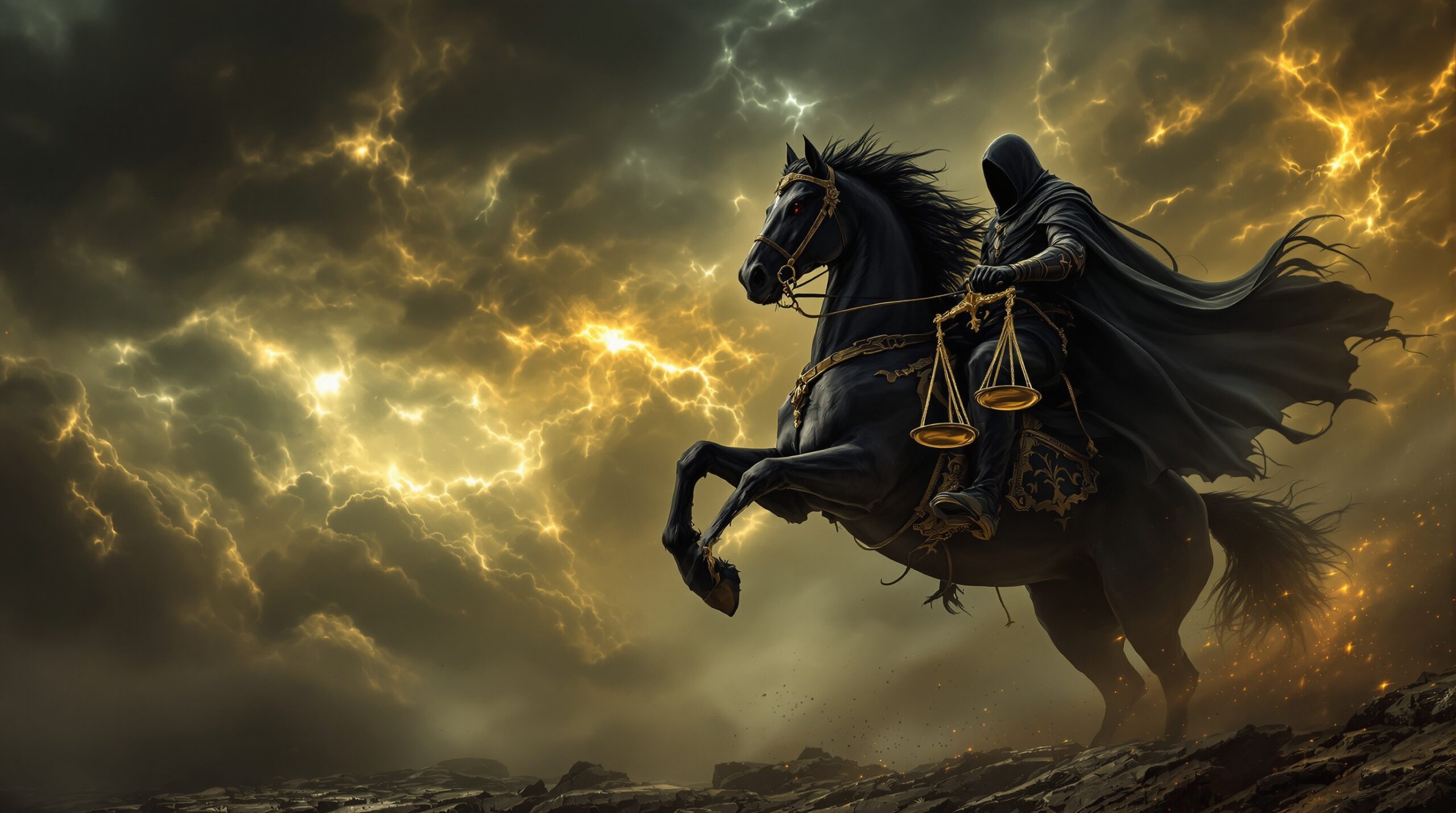 Black horse with hooded rider holding brass scales against stormy apocalyptic sky, representing Revelation's third horseman