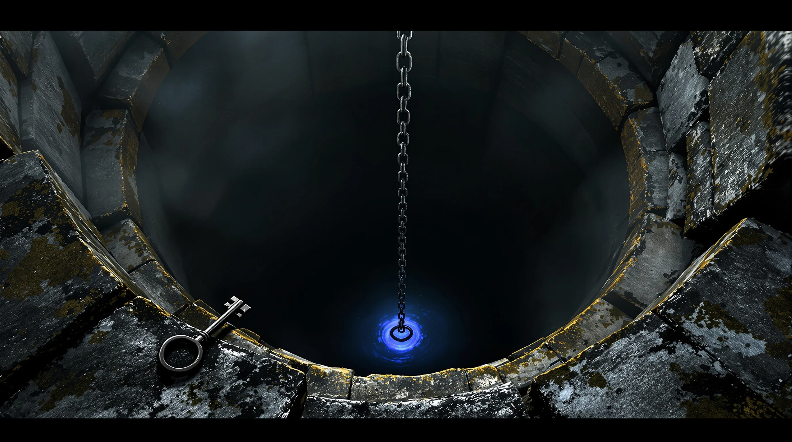 Ancient stone shaft descending into darkness with an iron chain and key, glowing with faint blue-violet light from the abyss below.