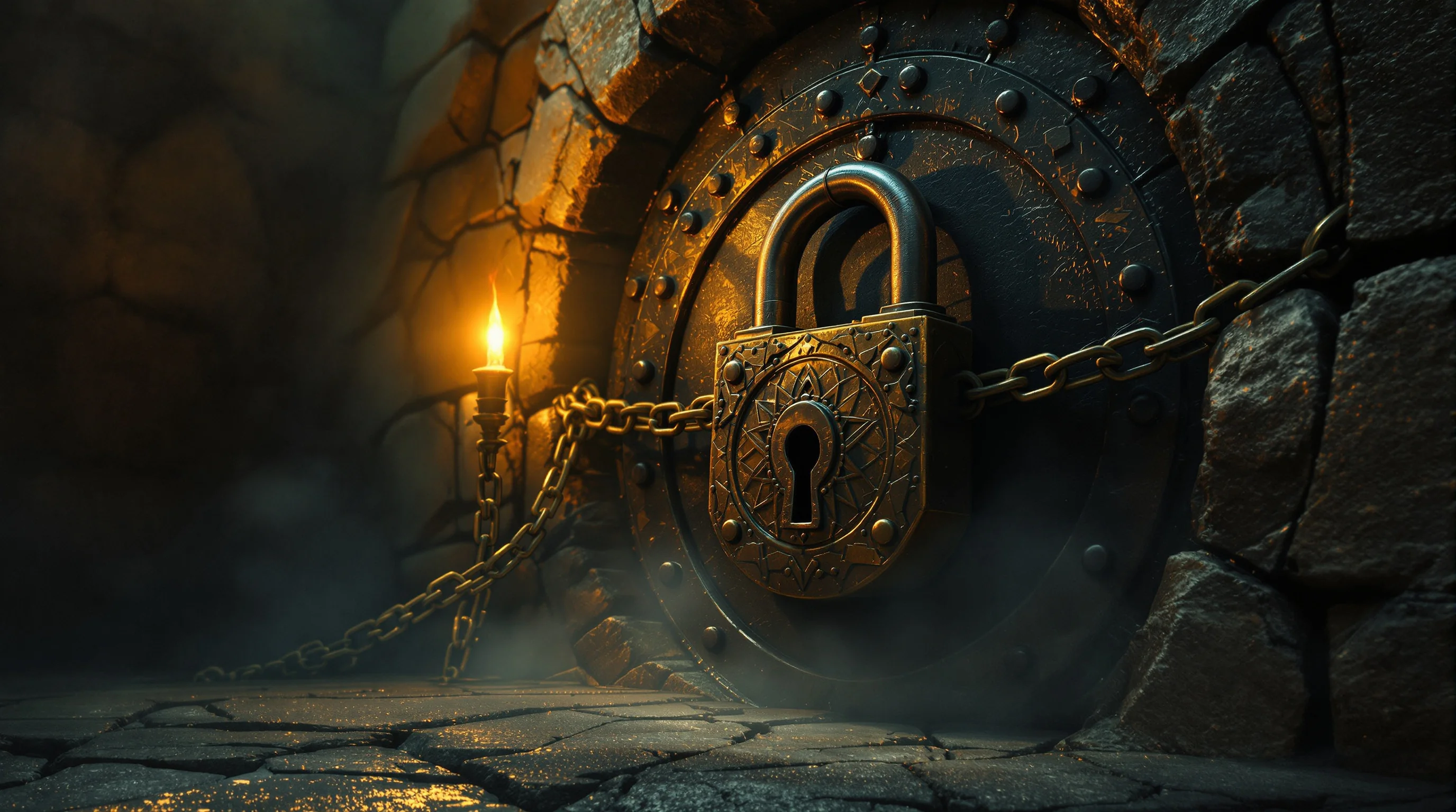 Ancient iron padlock and chains seal a stone vault door as ethereal mist seeps through cracks, symbolizing the bottomless pit's containment.