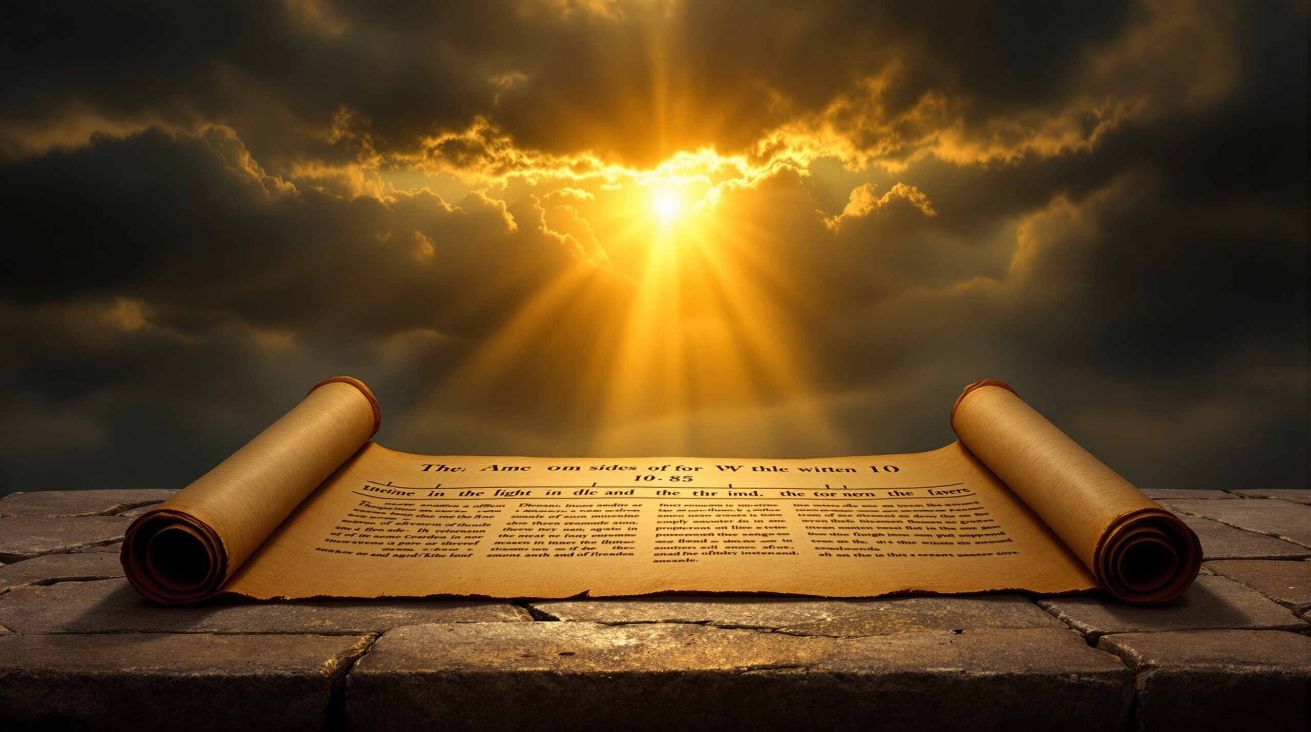 Ancient biblical scroll with timeline markings on stone table, divine light streaming through stormy clouds above