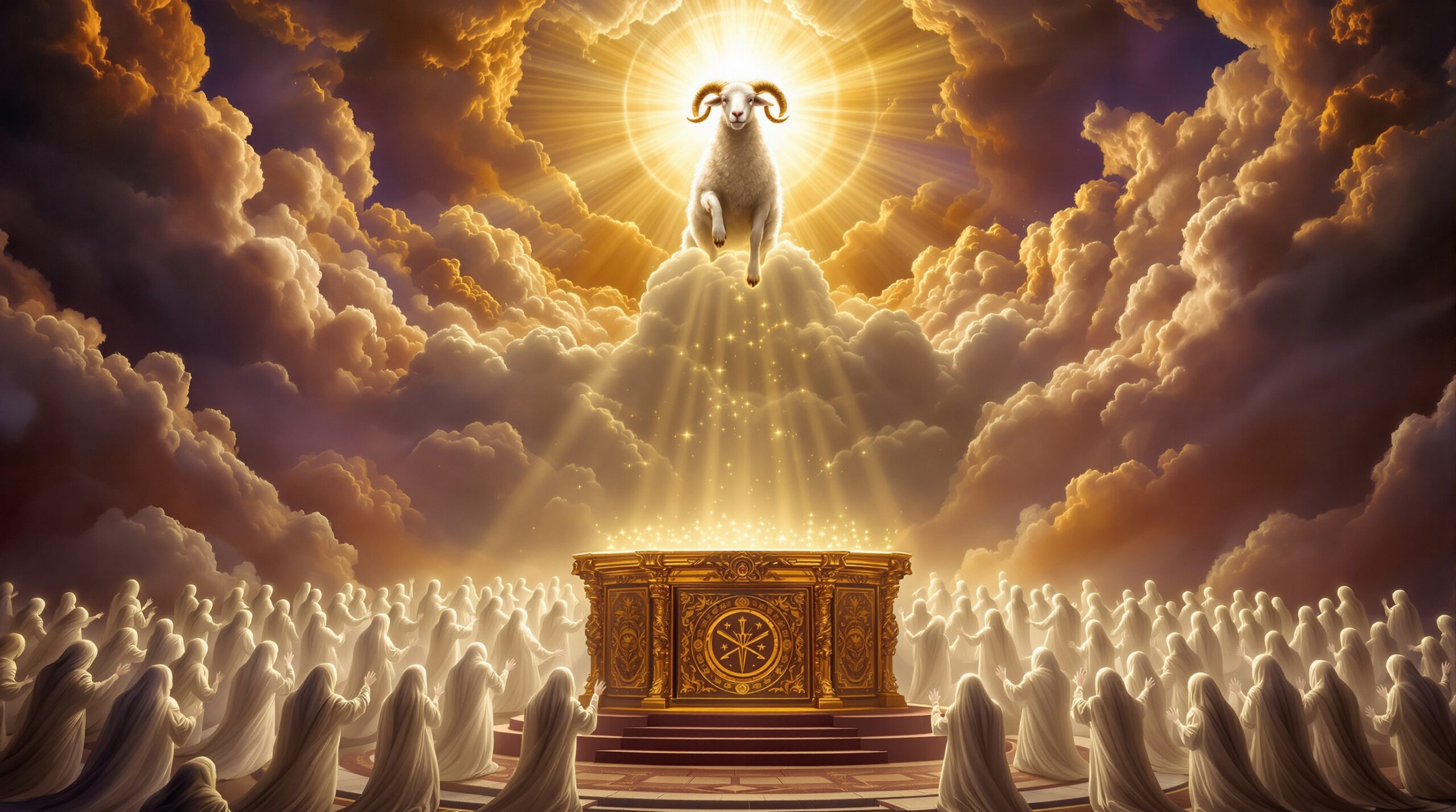 Golden altar with glowing souls of martyrs beneath, divine lamb with seven eyes breaking scroll seal in heavenly scene