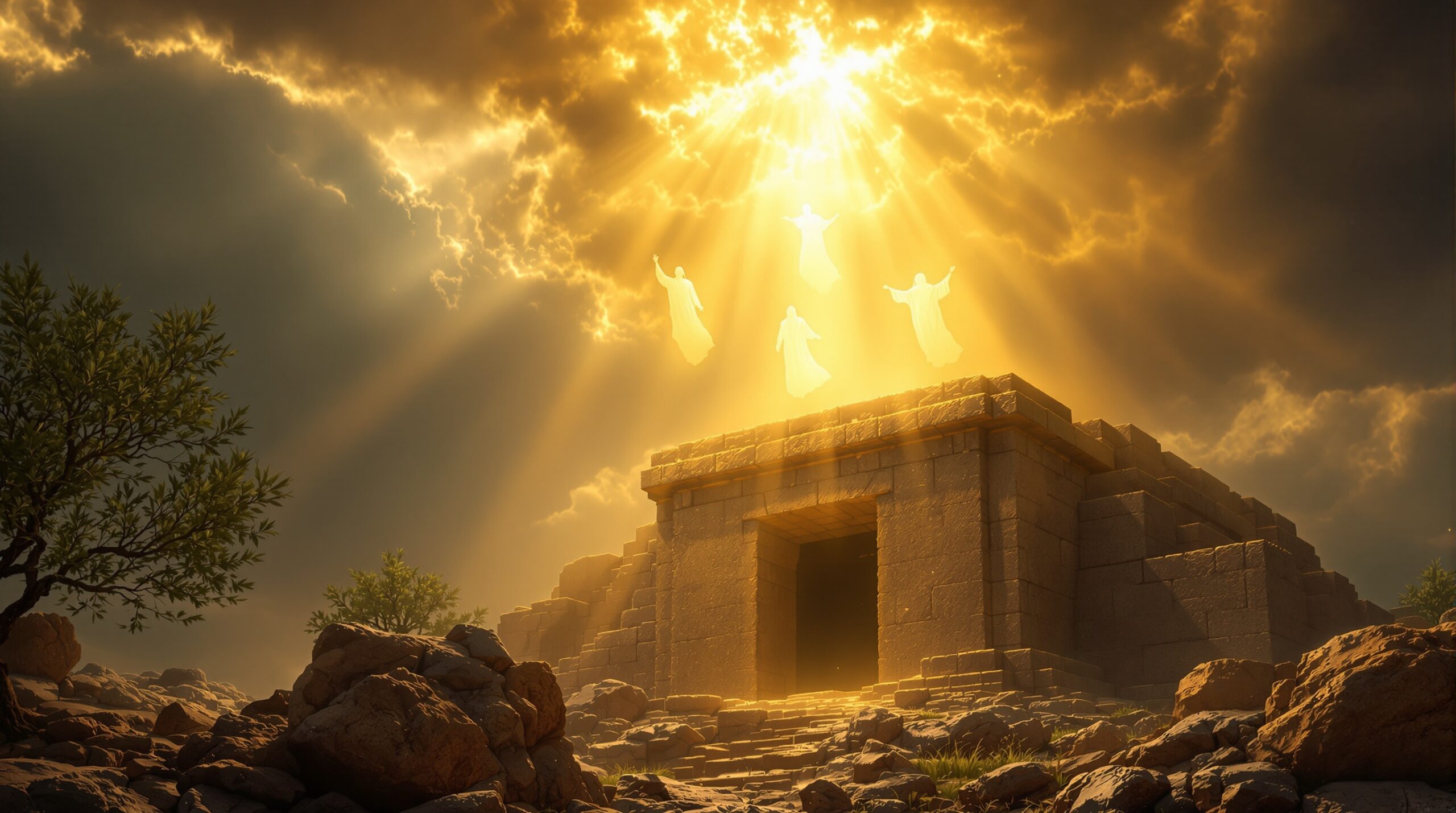 Divine resurrection scene with figures in white robes ascending from stone tomb amid golden heavenly light and storm clouds