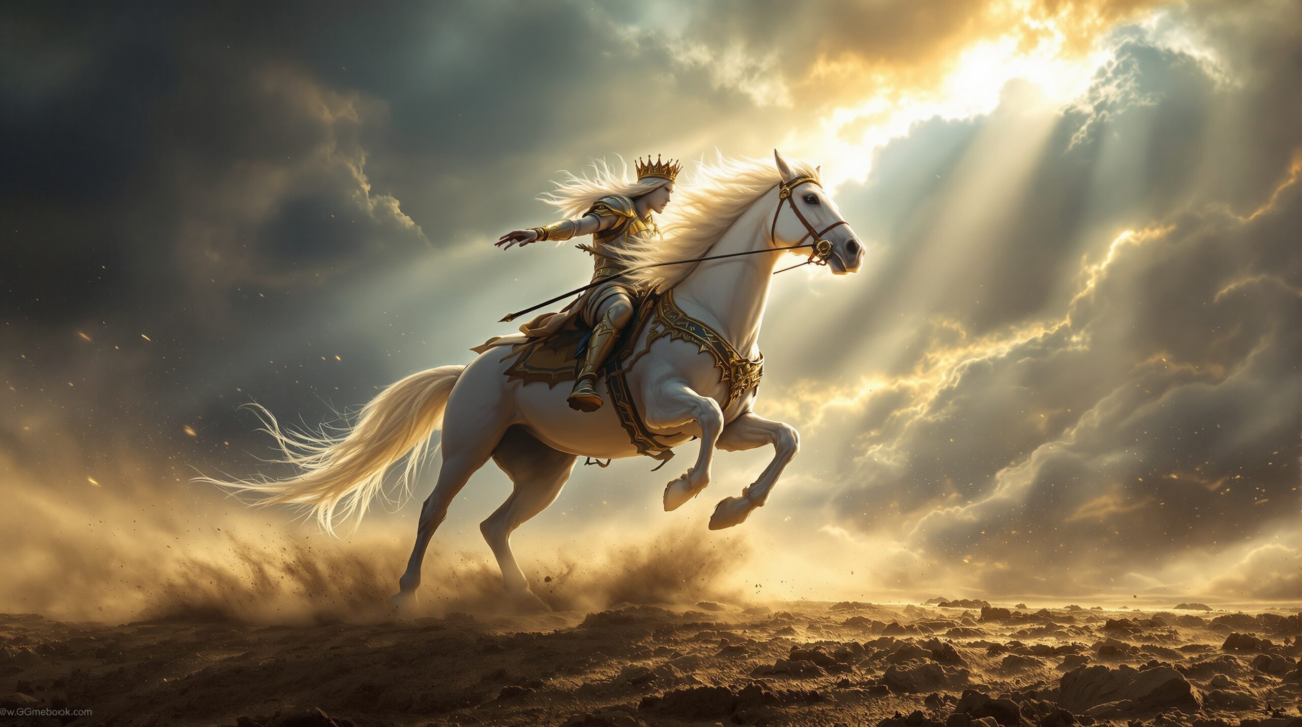 White horse rider with crown and bow galloping through apocalyptic landscape representing the First Seal in Revelation