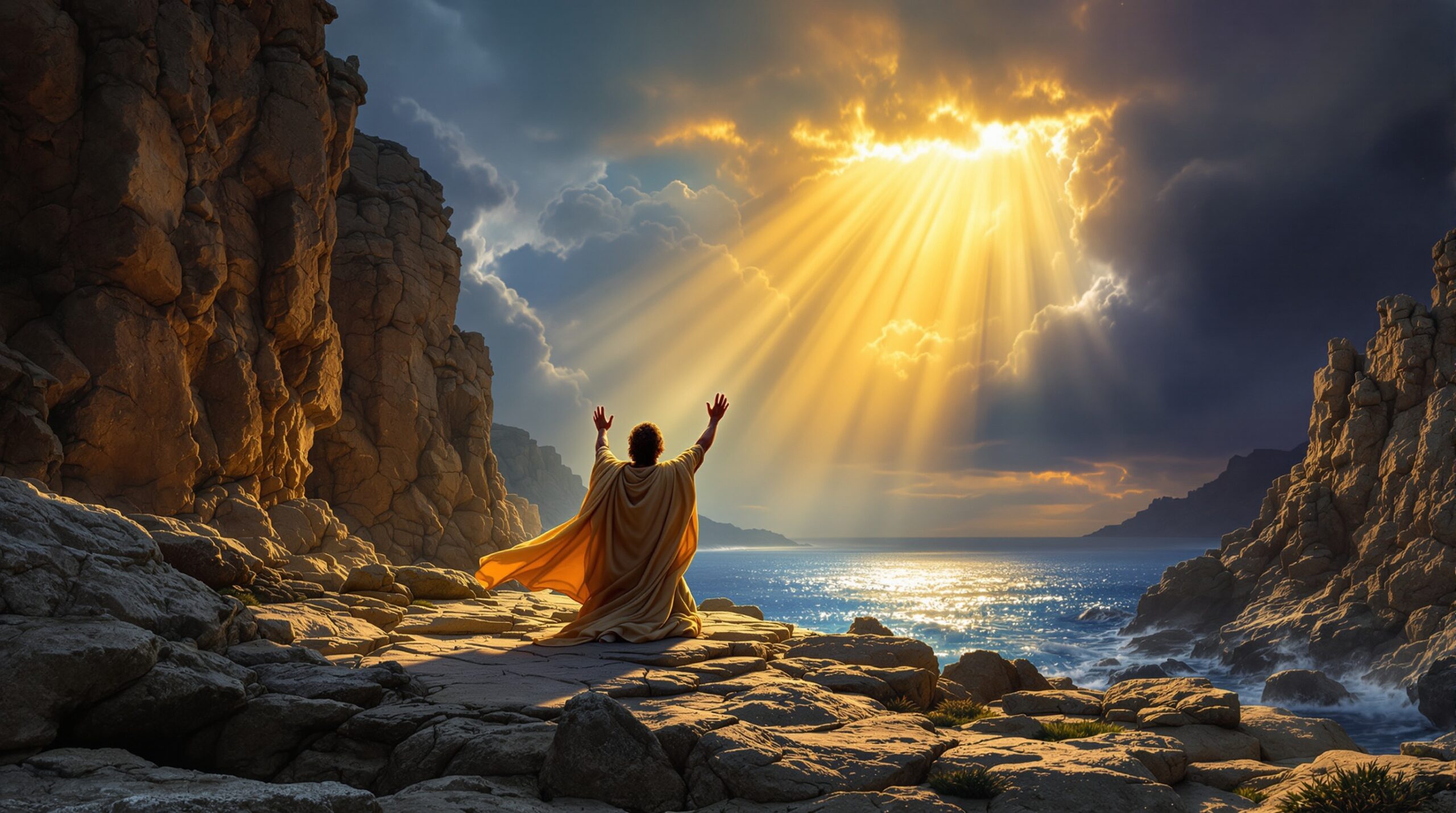 Apostle John kneeling on Patmos island as divine light breaks through storm clouds, depicting his Lord's Day vision