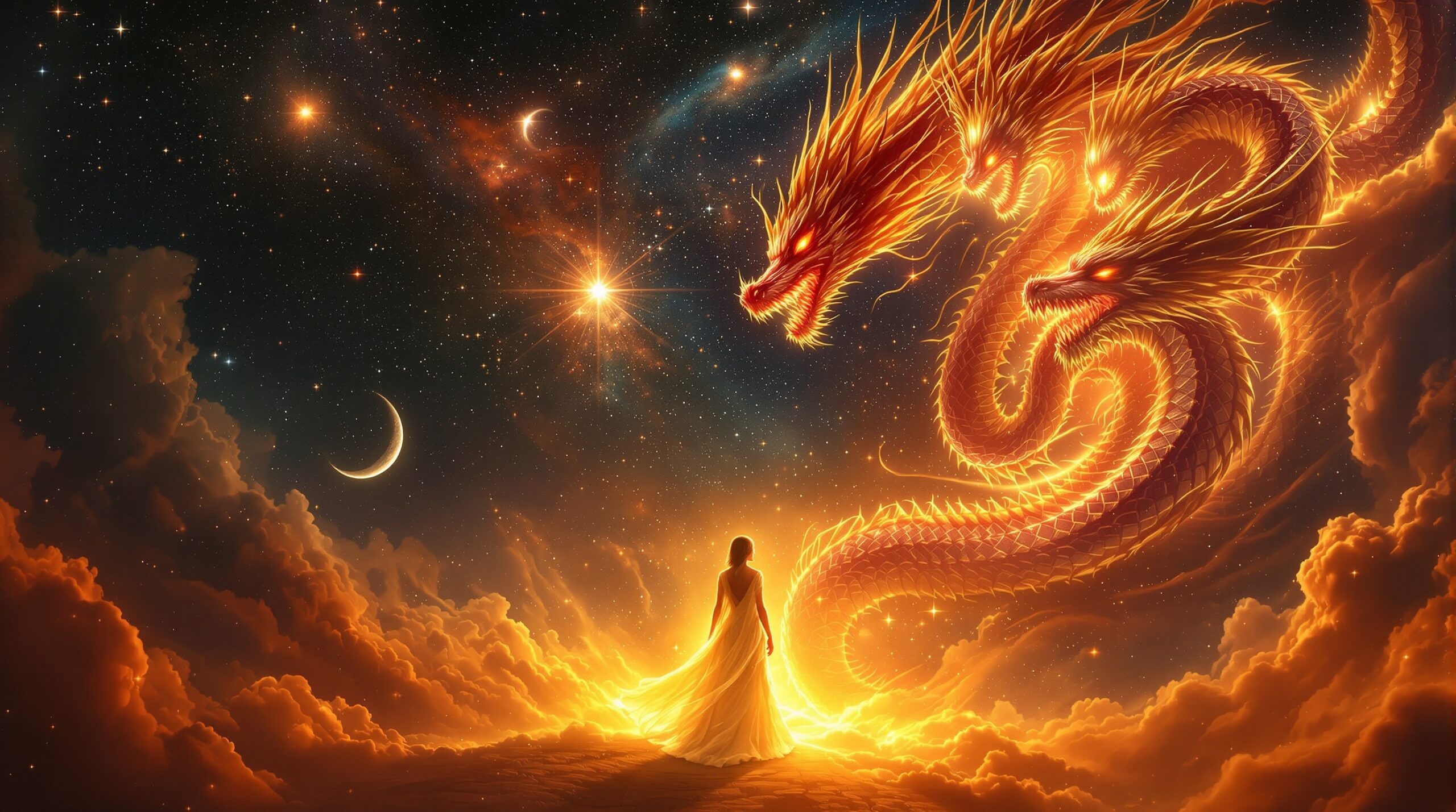 Celestial woman clothed in sunlight faces seven-headed red dragon in cosmic battle scene from Revelation 12