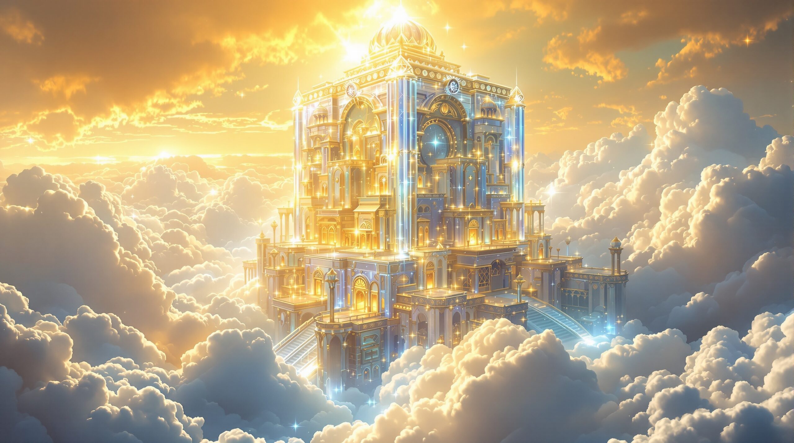Magnificent celestial city with crystal walls and golden streets descending from heavenly clouds, depicting New Jerusalem