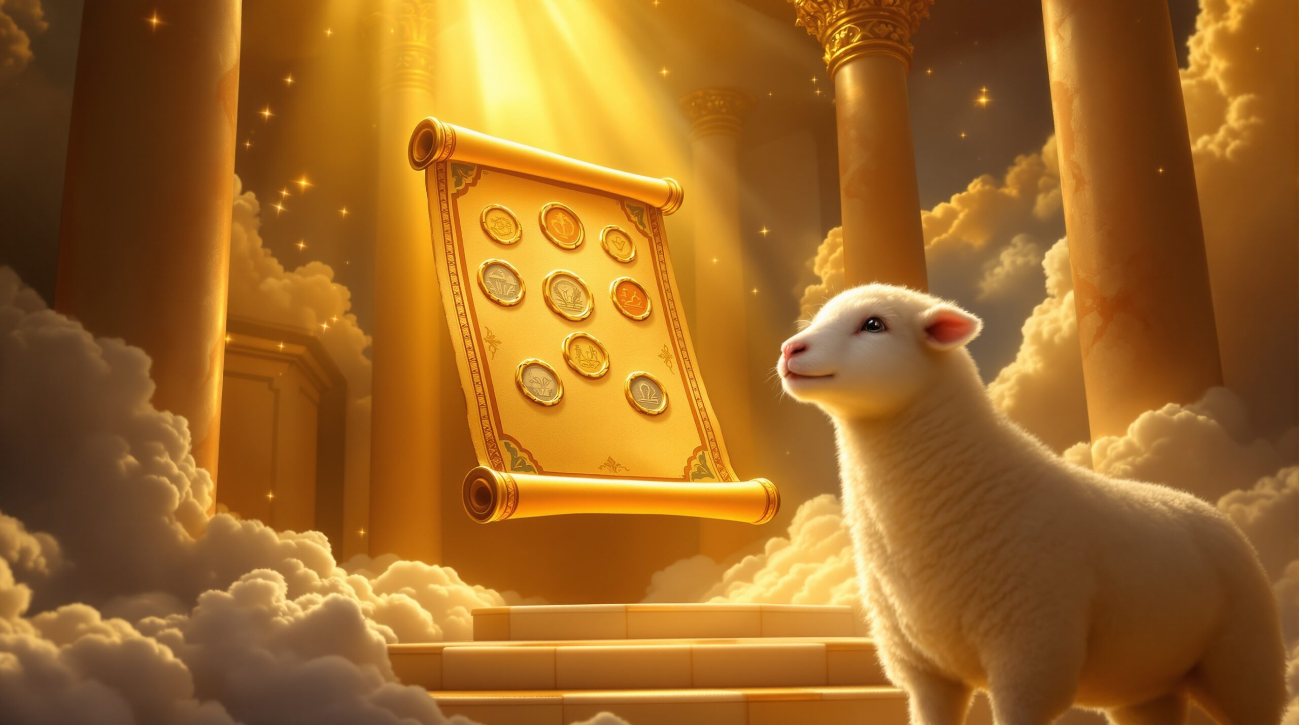 Heavenly throne room with sealed scroll floating above white lamb, golden divine light streaming through clouds