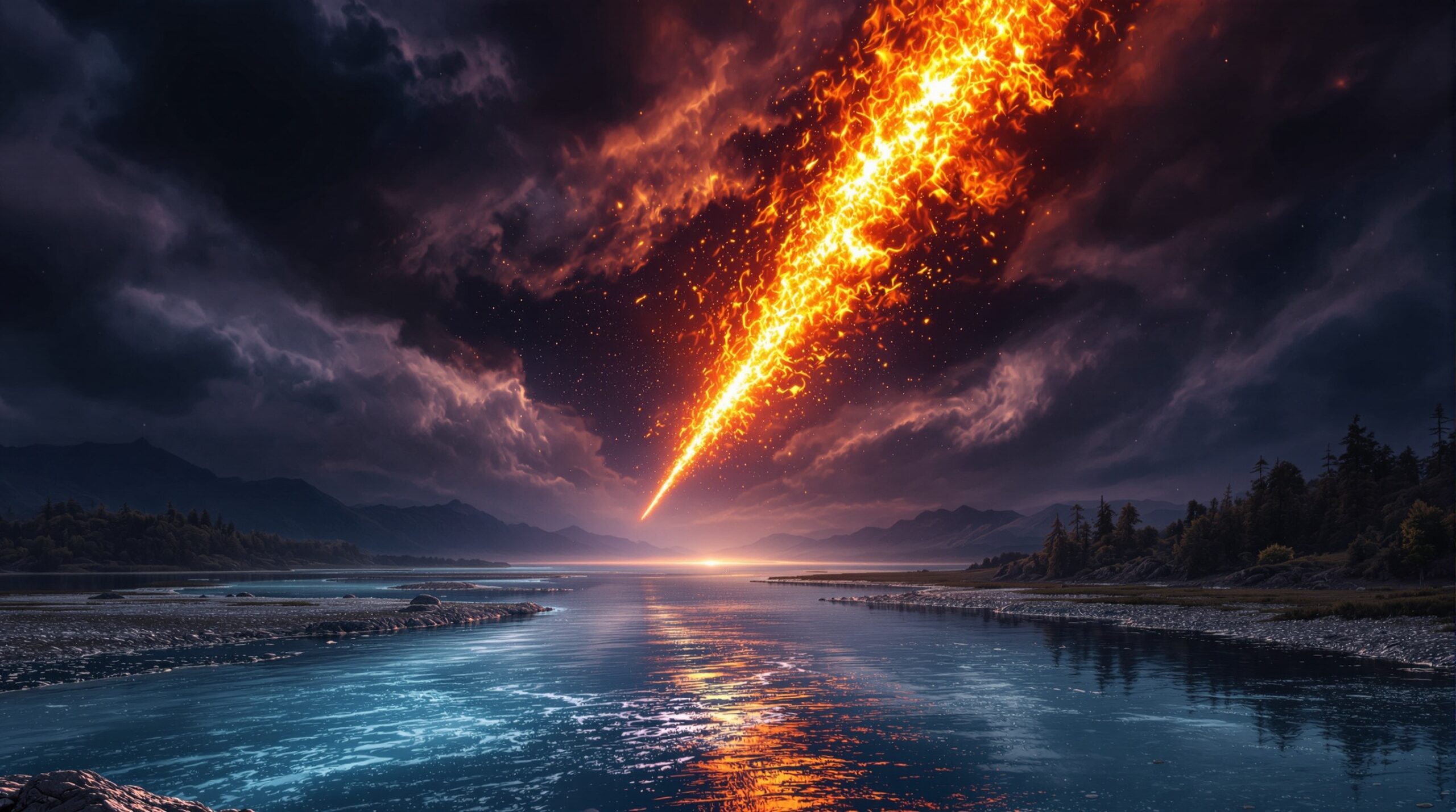 Blazing star falling from stormy sky toward Earth's rivers and lakes, depicting wormwood prophecy from Revelation