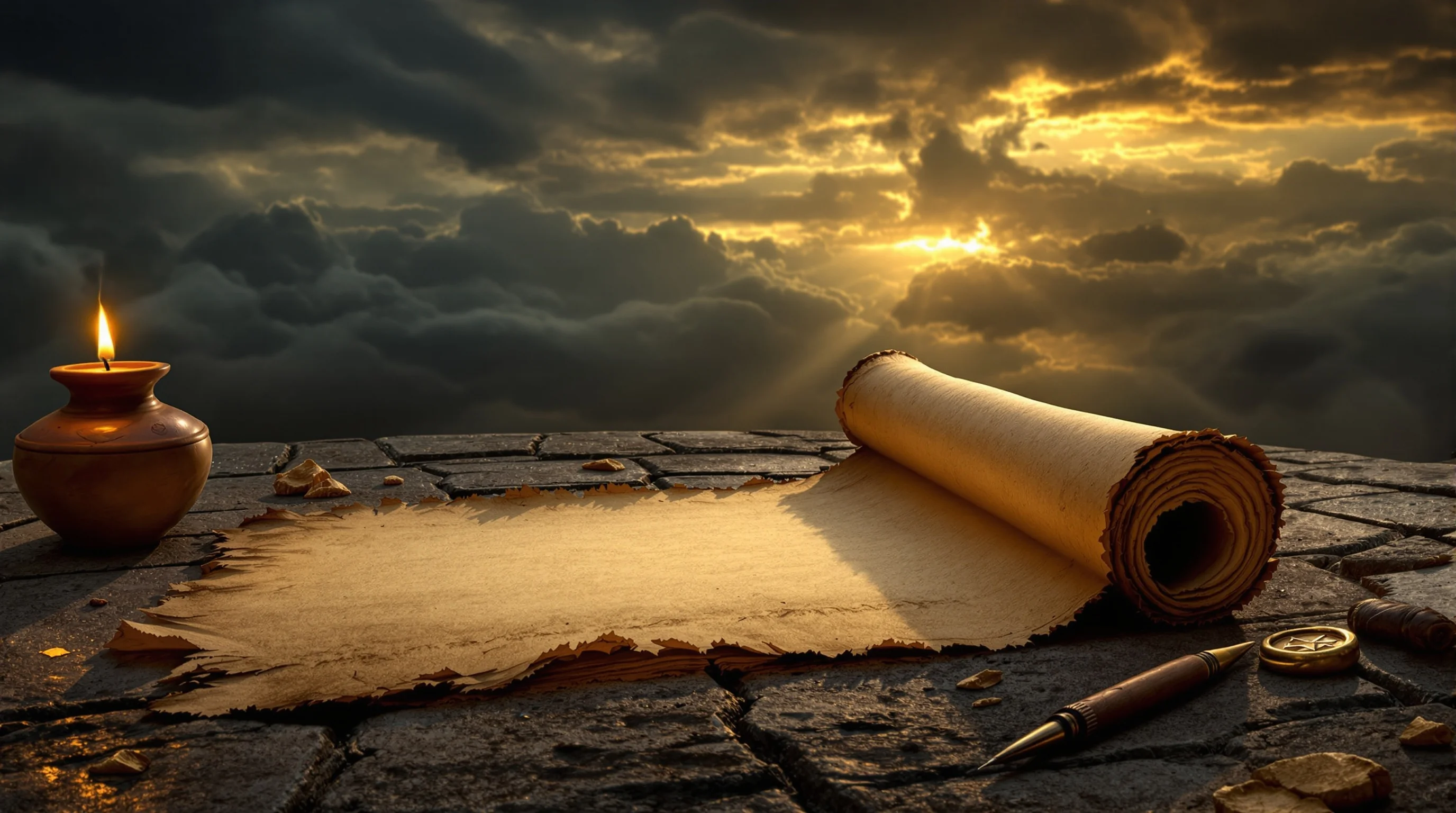 Ancient scroll on weathered stone with clay oil lamps, stylus, and wax seals under a dramatic twilight sky