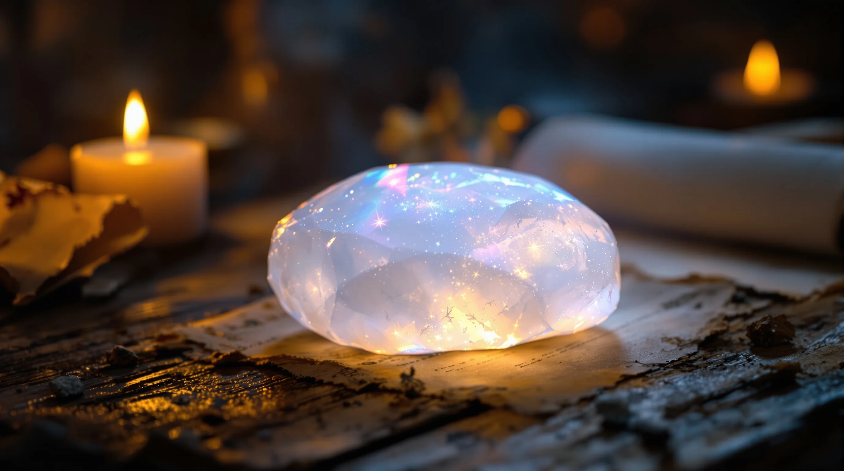 Luminous white stone glowing on ancient wooden surface with biblical scrolls and candlelight in mystical setting