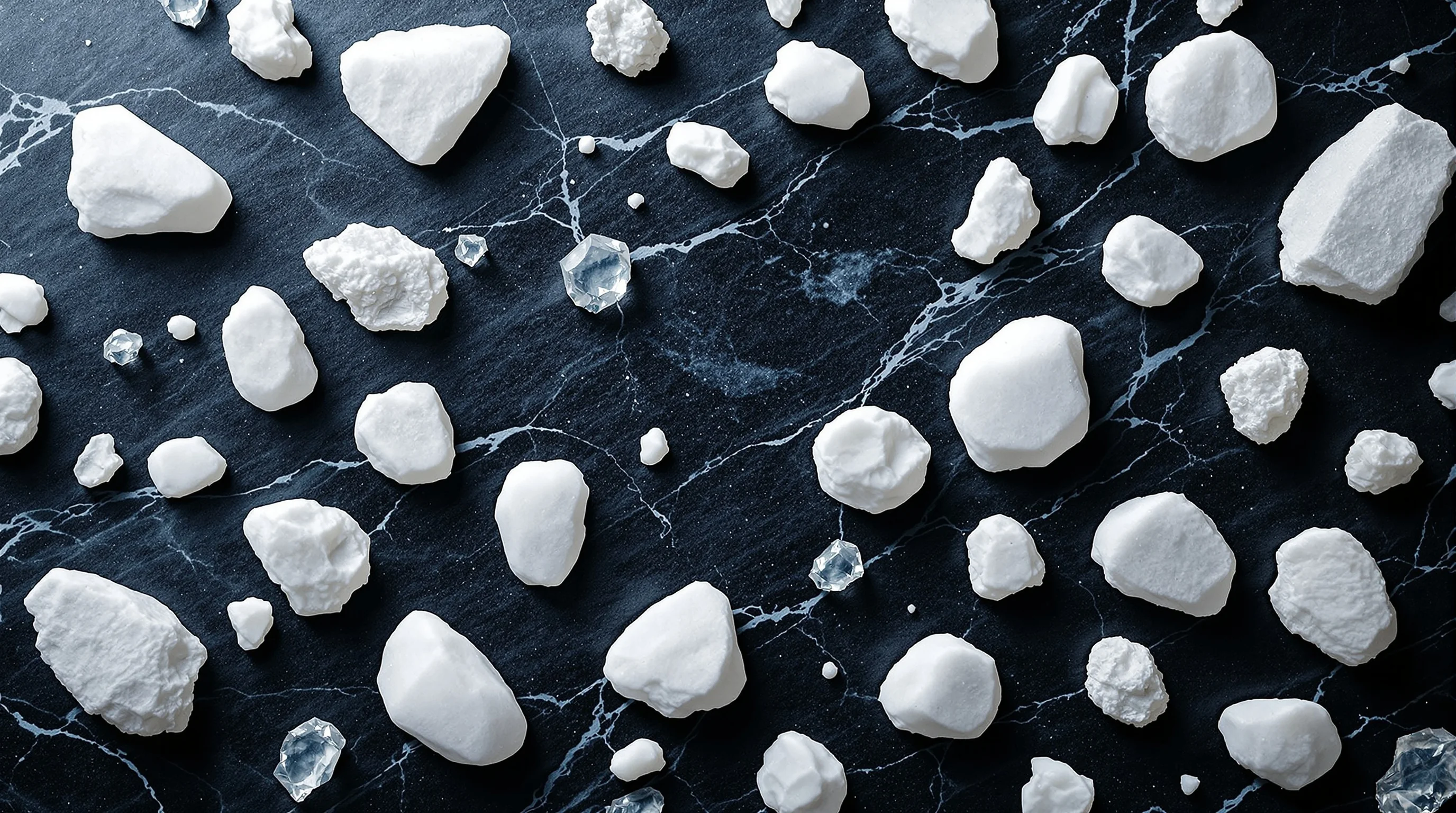 Multiple white stones scattered on dark marble surface, showing varied textures and shapes in soft lighting